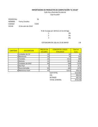 IMPORTADORA DE PRODUCTOS DE COMPUTACIÓN "EL VELOZ"
                                              Calle 4ta y Avenida Occidental
                                                       Loja-Ecuador

PEDIDO Nro                             56
NOMBRE     Fanny Cevallos
CODIGO                               0.001
FECHA      22 de abril de 2010

                                             % de recargo por demora en la entrega
                                                      1                          2%
                                                      2                          3%
                                                      3                          4%

                                              COTIZACION DEL SOL AL 25 DE MAYO               2.8


                                             PRECIO EN        CONVERTIR A SOLES       Total en
 CANTIDAD             DESCRIPCION
                                              DOLARES            PERUANOS              Soles
            1   Unidades de Cd                       15                         42           42
            3   Monitores                            25                         70         210
            5   Teclados                             22                        61.6        308
            1   Ratones                              11                        30.8        30.8
            7   Unidades de DVD                      60                        168        1176
            3   Not Pad                                3                        8.4        25.2
            7   Disco Extraible                      65                        182        1274
            8   Memorias Flash                       47                       131.6      1052.8
                                                           SUB TOTAL                    4118.80
                                                           IVA                           494.26
                                                           RETRASO                       102.54
                                                           TOTAL GENERAL                4715.59
 