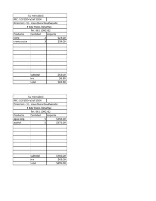 Su mercado (:
RFC: 1CV1SD4V5VF15D4
Direccion: cto. Jesus Bucardo Alvarado
            # 680 Fracc. Rosamar.
                Tel. 661 1000352
Producto        Cantidad      importe
cloro                       2          $24.00
crema suiza                 3          $39.00




              subtotal                $63.00
              iva                      $6.30
              total                   $69.30




             Su mercado (:
RFC: 1CV1SD4V5VF15D4
Direccion: cto. Jesus Bucardo Alvarado
            # 680 Fracc. Rosamar.
                Tel. 661 1000352
Producto        Cantidad      importe
agua oxig.                  5         $450.00
acohol                      5         $375.00




              subtotal              $450.00
              iva                    $45.00
              total                 $495.00
 