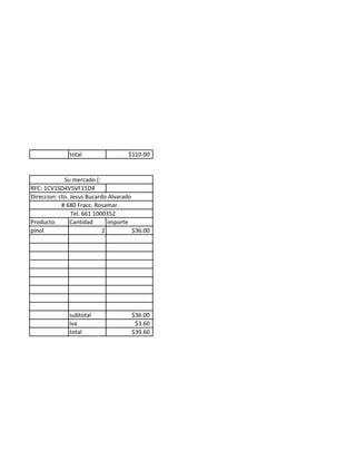 total                 $110.00


             Su mercado (:
RFC: 1CV1SD4V5VF15D4
Direccion: cto. Jesus Bucardo Alvarado
            # 680 Fracc. Rosamar.
                Tel. 661 1000352
Producto        Cantidad      importe
pinol                       2          $36.00




              subtotal                $36.00
              iva                      $3.60
              total                   $39.60
 