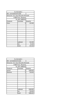 Su mercado (:
RFC: 1CV1SD4V5VF15D4
Direccion: cto. Jesus Bucardo Alvarado
            # 680 Fracc. Rosamar.
                Tel. 661 1000352
Producto            Cantidad      importe
Cloro                          1       $12.00




                  subtotal            $12.00
                  iva                  $1.20
                  total               $13.20




             Su mercado (:
RFC: 1CV1SD4V5VF15D4
Direccion: cto. Jesus Bucardo Alvarado
            # 680 Fracc. Rosamar.
                Tel. 661 1000352
Producto            Cantidad      importe
syncol                         2      $260.00
fabuloso                       2       $34.00




                  subtotal           $260.00
                  iva                 $26.00
                  total              $286.00
 