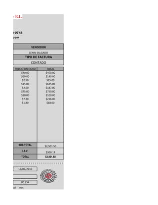 PA S.De R.L.
(504) 223-0748
a@gmail.com
PRECIO UNITARIO TOTAL
$40.00 $400.00
$60.00 $180.00
$2.50 $25.00
$25.00 $625.00
$2.50 $187.00
$75.00 $750.00
$50.00 $100.00
$7.20 $216.00
$1.80 $18.00
TOTAL $2,801.68
16/07/2010
00.254
CONTADO
TIPO DE FACTURA
VENDEDOR
LENIN SALGADO
SUB TOTAL
I.S.V.
$2,501.50
$300.18
EVARD
o, La cual nos
 
