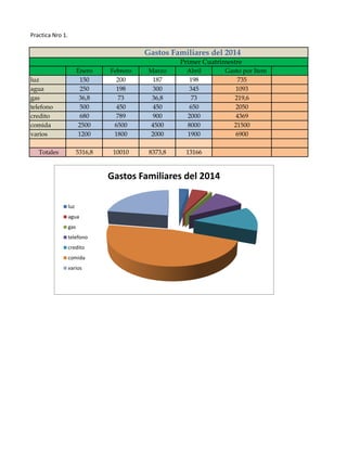 Practica Nro 1.
Enero Febrero Marzo Abril Gasto por Item
luz 150 200 187 198 735
agua 250 198 300 345 1093
gas 36,8 73 36,8 73 219,6
telefono 500 450 450 650 2050
credito 680 789 900 2000 4369
comida 2500 6500 4500 8000 21500
varios 1200 1800 2000 1900 6900
Totales 5316,8 10010 8373,8 13166
Gastos Familiares del 2014
Primer Cuatrimestre
Gastos Familiares del 2014
luz
agua
gas
telefono
credito
comida
varios
 
