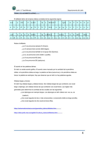 Latín I. 1º bachillerato
TEMA 2. EL ALFABETO LATINO
El alfabeto latino de la época clásica constaba de los siguientes signos:
Departamento de Latín
 Α Β
a b
C
c
D E
d e
F
f
G H I
g h i
K
k
L
l
M N O P
m n o p
Q R
q r
S
s
T
t
V
v
X
x
Y
y
Z
z
 Α Β
α β
Γ
γ
Δ
δ
Ε
ε
Ζ
ζ
   Η Θ Ι
η θ ι
Κ
κ
     Λ Μ Ν Ξ
λ μ ν ξ
   Ο Π Σ
ο π σ
Τ
τ
Υ
υ
 Φ Χ
φ χ
 Ψ Ω
ψ ω
Notas al alfabeto:
La C se pronuncia siempre K (Cicero).
La G siempre tiene sonido débil (leges).
La U se pronuncia también en el grupo QU (Quintus).
La LL se pronuncia como doble L (puella).
La X se pronuncia KS (dixi).
La Z se pronuncia DS (zephyrus).
El acento en las palabras latinas:
En latín no existe acento gráfico. El acento viene marcado por la cantidad de la penúltima
sílaba: si la penúltima sílaba es larga, la palabra es llana (autumnus); si la penúltima sílaba es
breve, la palabra es esdrújula. Hay que observar que en latín no hay palabras agudas.
Sílabas largas y breves:
En latín hay sílabas largas y sílabas breves. Son sílabas largas las que contienen una vocal
larga o diptongo; son sílabas breves las que contienen una vocal breve. Las reglas más
generales para determinar la cantidad de las vocales son las siguientes:
Los diptongos son siempre largos. Los diptongos en latín clásico son: ae, eu, oe
(caelum).
Una vocal seguida de dos o más consonantes o consonante doble es larga (ancilla).
Una vocal seguida de otra vocal es breve (filia).
http://extremaduraclasica.com/gramatica_latina/alfabeto.htm
http://aliso.pntic.mec.es/agalle17/cultura_clasica/alfabetos.htm
4
 