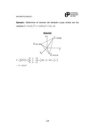 MATEMÁTICA BÁSICA I
118
Ejemplo.- Determinar el volumen del tetraedro cuyas aristas son los
vectores , y
Solución
 