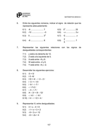 MATEMÁTICA BÁSICA I
157
6. Entre los siguientes números, indicar el signo de relación que los
representa adecuadamente:
6.1) -9 ....................... 7 6.5) 52
................. 25
6.2) -12 ..................... –3 6.6) - ................. 2
6.3) 5 ........................ 32
6.7) Є ..................
6.4) -8 ....................... 8 6.8)
5
2
................. 7
7. Representar las siguientes relaciones con los signos de
desigualdades correspondientes:
7.1) y está a la derecha de 12.
7.2) Z está a la izquierda de 5.
7.3) X está entre –9 y 9.
7.4) W está entre –4 y 6.
7.5) Y está entre –9 y –2.
8. Desarrollar los siguientes ejercicios:
8.1) /3 + 5/
8.2) /-3 –6/
8.3) /+8 + 4/ - / -3 – 2 /
8.4) / -3 / + / -8 /
8.5) / -9 / - / -7 /
8.6) - / -7+2 /
8.7) – 4 - / -7 /
8.8) /4 – 3/ + /9 – 12/
8.9) - / -6 / - / -8 /
8.10) / 4 / - / -12 + 4 /
9. Representar X; entre desigualdades:
9.1) 3 < x – 4 < 8
9.2) –1 < x + 3 < 2
9.3) –9 < 3 x < 12
9.4) –6 < -2x < 4
 