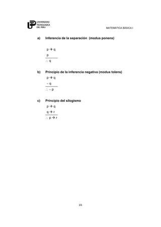 MATEMÁTICA BÁSICA I
21
a) Inferencia de la separación (modus ponens)
p  q
p .
q
b) Principio de la inferencia negativa (modus tolens)
p  q
q
p
c) Principio del silogismo
p  q
q  r
p  r
 