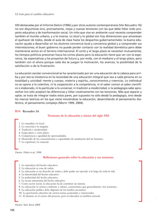 12 tesis para el cambio educativo
106
XXI destacadas por el Informe Delors (1996) y por otros autores contemporáneos (Ver Recuadro 16)
no son disyuntivas sino, precisamente, viejas y nuevas tensiones con las que debe lidiar todo pro-
yecto educativo y de tranformación social. Un niño que vive en ambiente rural necesita comprender
también el mundo urbano, y a la inversa. Lo local y lo global son hoy dimensiones que atraviesan
el quehacer de todos, desde el aula de clase hasta los despachos gubernamentales: la buena edu-
cación ayuda a desarrollar en los alumnos conciencia local y conciencia global y a comprender sus
interrelaciones; el buen gobierno no puede perder contacto con la realidad doméstica pero debe
mantenerse activo en el terreno internacional. El corto y el largo plazo se necesitan mutuamente;
los tiempos políticos presionan hacia los cortos plazos pero la educación tiene que ver con la espe-
ranza, las expectativas y los proyectos de futuro y, por ende, con el mediano y el largo plazo, pero
también con el ahora porque cada día se juegan la motivación, los avances, la posibilidad de la
satisfacción o de la frustración.
La educación escolar convencional se ha caracterizado por ser una educación de la cabeza para arri-
ba y por eso la insistencia en la necesidad de una educación integral que vea a cada persona en su
totalidad y unicidad: mente y cuerpo, materia y espíritu, conocimientos y creencias. Lo individual
no se opone a lo colectivo, ni la cooperación a la competencia, ni el saber común al saber científi-
co o elaborado, ni lo particular a lo universal, ni tradición a modernidad, si la pedagogía sabe apro-
vechar (no sólo aceptar) las diferencias y lidiar creativamente con las tensiones. Más que separar y
optar, se trata de integrar todos estos pares, por supuesto no sólo desde la pedagogía, sino desde
los marcos teóricos en los que viene moviéndose la educación, desarrollando el pensamiento dia-
léctico, el pensamiento complejo (Morin 1999, 2004).
Recuadro 16R16
Tensiones de la educación a inicios del siglo XXI
Fuente: Delors et.al. 1996
1. Lo mundial y lo local.
2. Lo universal y lo singular.
3. Tradición y modernidad.
4. Largo plazo y corto plazo.
5. Competencia e igualdad de oportunidades.
6. Desarrollo de los conocimientos y capacidades de asimilación del ser humano.
7. Lo espiritual y lo material.
Reflexiones generales sobre la educación y sus tensiones
Fuente: Soler Roca 2004
1. La naturaleza del hecho educativo.
2. La educación es cosa de todos.
3. La educación es un derecho de todos y debe poder ser ejercido a lo largo de toda la vida.
4. La historicidad del hecho educativo
5. La politicidad del hecho educativo.
6. La escasa autonomía del hecho educativo.
7. Como sector social, la educación ha de constituir un sistema.
8. La educación se orienta conforme a valores, característica que generalmente crea tensiones.
9. La educación pública debe disponer de los medios necesarios.
10. La gravitación educativa de ciertos temas ocasionales y transversales.
11. El alumno en el centro del proceso, pero el educador es también esencial.
15 tesis 25/8/05 16:01 Página 106
 