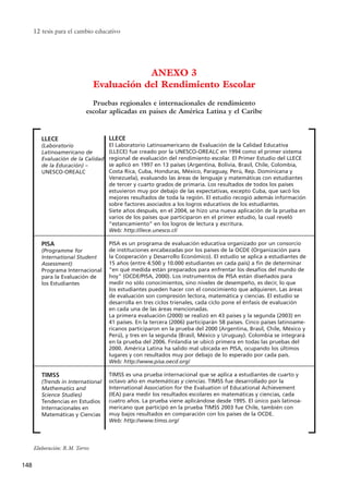 12 tesis para el cambio educativo
148
Pruebas regionales e internacionales de rendimiento
escolar aplicadas en países de América Latina y el Caribe
ANEXO 3
Evaluación del Rendimiento Escolar
LLECE
(Laboratorio
Latinoamericano de
Evaluación de la Calidad
de la Educación) –
UNESCO-OREALC
PISA
(Programme for
International Student
Assessment)
Programa Internacional
para la Evaluación de
los Estudiantes
TIMSS
(Trends in International
Mathematics and
Science Studies)
Tendencias en Estudios
Internacionales en
Matemáticas y Ciencias
LLECE
El Laboratorio Latinoamericano de Evaluación de la Calidad Educativa
(LLECE) fue creado por la UNESCO-OREALC en 1994 como el primer sistema
regional de evaluación del rendimiento escolar. El Primer Estudio del LLECE
se aplicó en 1997 en 13 países (Argentina, Bolivia, Brasil, Chile, Colombia,
Costa Rica, Cuba, Honduras, México, Paraguay, Perú, Rep. Dominicana y
Venezuela), evaluando las áreas de lenguaje y matemáticas con estudiantes
de tercer y cuarto grados de primaria. Los resultados de todos los países
estuvieron muy por debajo de las expectativas, excepto Cuba, que sacó los
mejores resultados de toda la región. El estudio recogió además información
sobre factores asociados a los logros educativos de los estudiantes.
Siete años después, en el 2004, se hizo una nueva aplicación de la prueba en
varios de los países que participaron en el primer estudio, la cual reveló
“estancamiento” en los logros de lectura y escritura.
Web: http://llece.unesco.cl/
PISA es un programa de evaluación educativa organizado por un consorcio
de instituciones encabezadas por los países de la OCDE (Organización para
la Cooperación y Desarrollo Económico). El estudio se aplica a estudiantes de
15 años (entre 4.500 y 10.000 estudiantes en cada país) a fin de determinar
"en qué medida están preparados para enfrentar los desafíos del mundo de
hoy" (OCDE/PISA, 2000). Los instrumentos de PISA están diseñados para
medir no sólo conocimientos, sino niveles de desempeño, es decir, lo que
los estudiantes pueden hacer con el conocimiento que adquieren. Las áreas
de evaluación son compresión lectora, matemática y ciencias. El estudio se
desarrolla en tres ciclos trienales, cada ciclo pone el énfasis de evaluación
en cada una de las áreas mencionadas.
La primera evaluación (2000) se realizó en 43 países y la segunda (2003) en
41 países. En la tercera (2006) participarán 58 países. Cinco países latinoame-
ricanos participaron en la prueba del 2000 (Argentina, Brasil, Chile, México y
Perú), y tres en la segunda (Brasil, México y Uruguay). Colombia se integrará
en la prueba del 2006. Finlandia se ubicó primera en todas las pruebas del
2000. América Latina ha salido mal ubicada en PISA, ocupando los últimos
lugares y con resultados muy por debajo de lo esperado por cada país.
Web: http://www.pisa.oecd.org/
TIMSS es una prueba internacional que se aplica a estudiantes de cuarto y
octavo año en matemáticas y ciencias. TIMSS fue desarrollado por la
International Association for the Evaluation of Educational Achievement
(IEA) para medir los resultados escolares en matemáticas y ciencias, cada
cuatro años. La prueba viene aplicándose desde 1995. El único país latinoa-
mericano que participó en la prueba TIMSS 2003 fue Chile, también con
muy bajos resultados en comparación con los países de la OCDE.
Web: http://www.timss.org/
Elaboración: R.M. Torres
15 tesis 25/8/05 16:02 Página 148
 