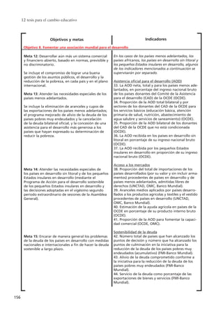 12 tesis para el cambio educativo
156
Objetivos y metas
Meta 12: Desarrollar aún más un sistema comercial
y financiero abierto, basado en normas, previsible y
no discriminatorio.
Se incluye el compromiso de lograr una buena
gestión de los asuntos públicos, el desarrollo y la
reducción de la pobreza, en cada país y en el plano
internacional.
Meta 13: Atender las necesidades especiales de los
países menos adelantados.
Se incluye la eliminación de aranceles y cupos de
las exportaciones de los países menos adelantados;
el programa mejorado de alivio de la deuda de los
países pobres muy endeudados y la cancelación
de la deuda bilateral oficial, y la concesión de una
asistencia para el desarrollo más generosa a los
países que hayan expresado su determinación de
reducir la pobreza.
Meta 14: Atender las necesidades especiales de
los países en desarrollo sin litoral y de los pequeños
Estados insulares en desarrollo (mediante el
Programa de Acción para el desarrollo sostenible
de los pequeños Estados insulares en desarrollo y
las decisiones adoptadas en el vigésimo segundo
período extraordinario de sesiones de la Asamblea
General).
Meta 15: Encarar de manera general los problemas
de la deuda de los países en desarrollo con medidas
nacionales e internacionales a fin de hacer la deuda
sostenible a largo plazo.
Indicadores
En los casos de los países menos adelantados, los
países africanos, los países en desarrollo sin litoral y
los pequeños Estados insulares en desarrollo, algunos
de los indicadores mencionados a continuación se
supervisarán por separado.
Asistencia oficial para el desarrollo (AOD)
33. La AOD neta, total y para los países menos ade-
lantados, en porcentaje del ingreso nacional bruto
de los países donantes del Comité de la Asistencia
para el desarrollo (CAD) de la OCDE (OCDE).
34. Proporción de la AOD total bilateral y por
sectores de los donantes del CAD de la OCDE para
los servicios básicos (educación básica, atención
primaria de salud, nutrición, abastecimiento de
agua salubre y servicios de saneamiento) (OCDE).
35. Proporción de la AOD bilateral de los donantes
del CAD de la OCDE que no está condicionada
(OCDE).
36. La AOD recibida en los países en desarrollo sin
litoral en porcentaje de su ingreso nacional bruto
(OCDE).
37. La AOD recibida por los pequeños Estados
insulares en desarrollo en proporción de su ingreso
nacional bruto (OCDE).
Acceso a los mercados
38. Proporción del total de importaciones de los
países desarrollados (por su valor y sin incluir arma-
mentos) procedentes de países en desarrollo y de
países menos adelantados, admitidas libres de
derechos (UNCTAD, OMC, Banco Mundial).
39. Aranceles medios aplicados por países desarro-
llados a los productos agrícolas y textiles y el vestido
procedentes de países en desarrollo (UNCTAD,
OMC, Banco Mundial).
40. Estimación de la ayuda agrícola en países de la
OCDE en porcentaje de su producto interno bruto
(OCDE).
41. Proporción de la AOD para fomentar la capaci-
dad comercial (OCDE, OMC).
Sostenibilidad de la deuda
42. Número total de países que han alcanzado los
puntos de decisión y número que ha alcanzado los
puntos de culminación en la iniciativa para la
reducción de la deuda de los países pobres muy
endeudados (acumulativo) (FMI-Banco Mundial).
43. Alivio de la deuda comprometido conforme a
la iniciativa para la reducción de la deuda de los
países pobres muy endeudados (FMI-Banco
Mundial).
44. Servicio de la deuda como porcentaje de las
exportaciones de bienes y servicios (FMI-Banco
Mundial).
Objetivo 8. Fomentar una asociación mundial para el desarrollo
15 tesis 25/8/05 16:02 Página 156
 