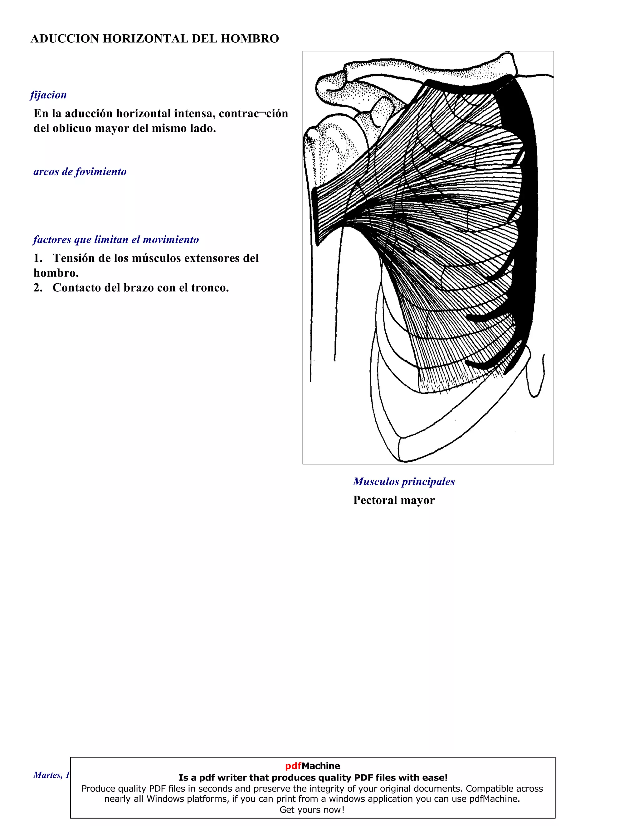 ADUCCION HORIZONTAL DEL HOMBRO
Pectoral mayor
1. Tensión de los músculos extensores del
hombro.
2. Contacto del brazo con el tronco.
En la aducción horizontal intensa, contrac¬ción
del oblicuo mayor del mismo lado.
Musculos principales
arcos de fovimiento
factores que limitan el movimiento
fijacion
Martes, 18 de Septiembre de 2007 Página 86 de 135
pdfMachine
Is a pdf writer that produces quality PDF files with ease!
Produce quality PDF files in seconds and preserve the integrity of your original documents. Compatible across
nearly all Windows platforms, if you can print from a windows application you can use pdfMachine.
Get yours now!
 