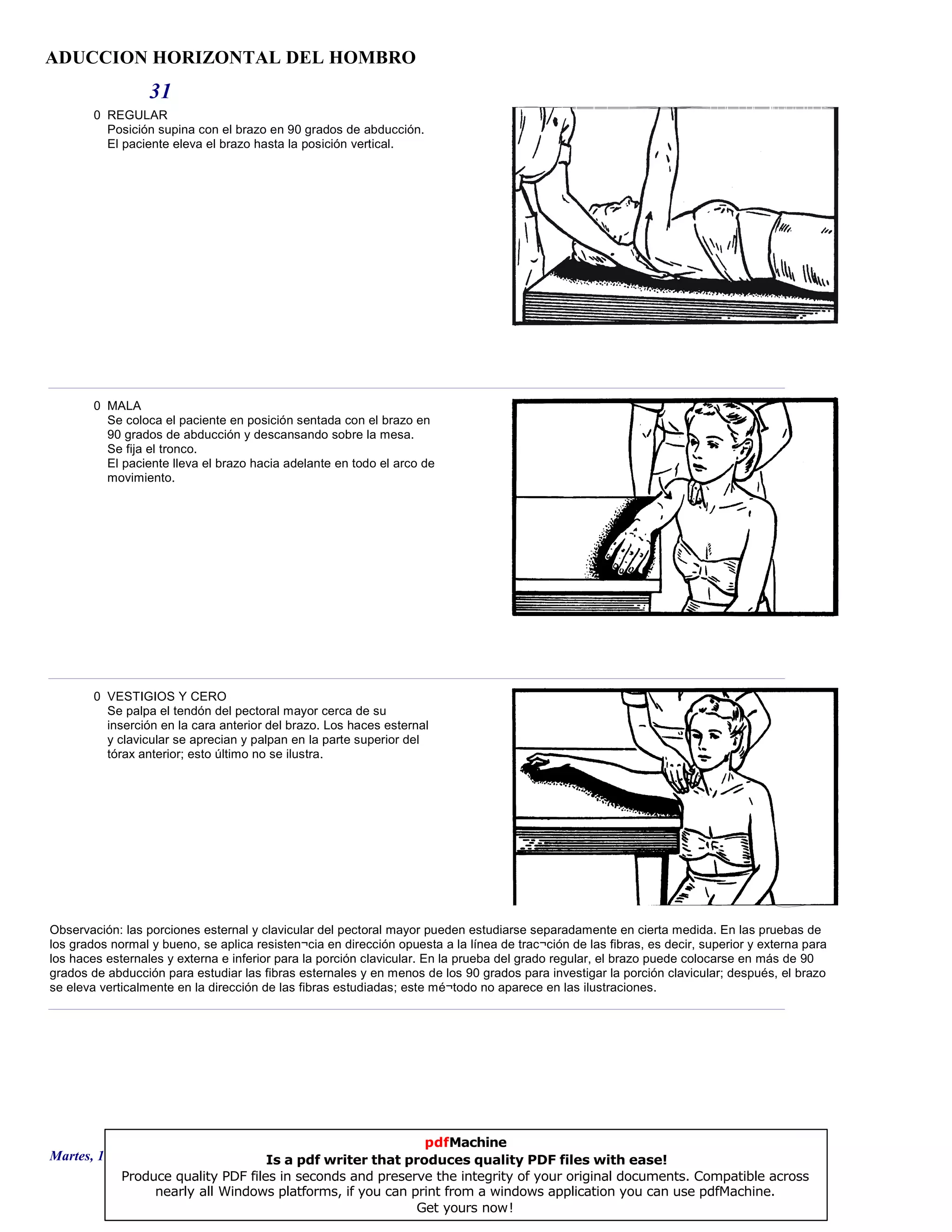 ADUCCION HORIZONTAL DEL HOMBRO
31
0 REGULAR
Posición supina con el brazo en 90 grados de abducción.
El paciente eleva el brazo hasta la posición vertical.
0 MALA
Se coloca el paciente en posición sentada con el brazo en
90 grados de abducción y descansando sobre la mesa.
Se fija el tronco.
El paciente lleva el brazo hacia adelante en todo el arco de
movimiento.
0 VESTIGIOS Y CERO
Se palpa el tendón del pectoral mayor cerca de su
inserción en la cara anterior del brazo. Los haces esternal
y clavicular se aprecian y palpan en la parte superior del
tórax anterior; esto último no se ilustra.
Observación: las porciones esternal y clavicular del pectoral mayor pueden estudiarse separadamente en cierta medida. En las pruebas de
los grados normal y bueno, se aplica resisten¬cia en dirección opuesta a la línea de trac¬ción de las fibras, es decir, superior y externa para
los haces esternales y externa e inferior para la porción clavicular. En la prueba del grado regular, el brazo puede colocarse en más de 90
grados de abducción para estudiar las fibras esternales y en menos de los 90 grados para investigar la porción clavicular; después, el brazo
se eleva verticalmente en la dirección de las fibras estudiadas; este mé¬todo no aparece en las ilustraciones.
Martes, 18 de Septiembre de 2007 Página 87 de 135
pdfMachine
Is a pdf writer that produces quality PDF files with ease!
Produce quality PDF files in seconds and preserve the integrity of your original documents. Compatible across
nearly all Windows platforms, if you can print from a windows application you can use pdfMachine.
Get yours now!
 