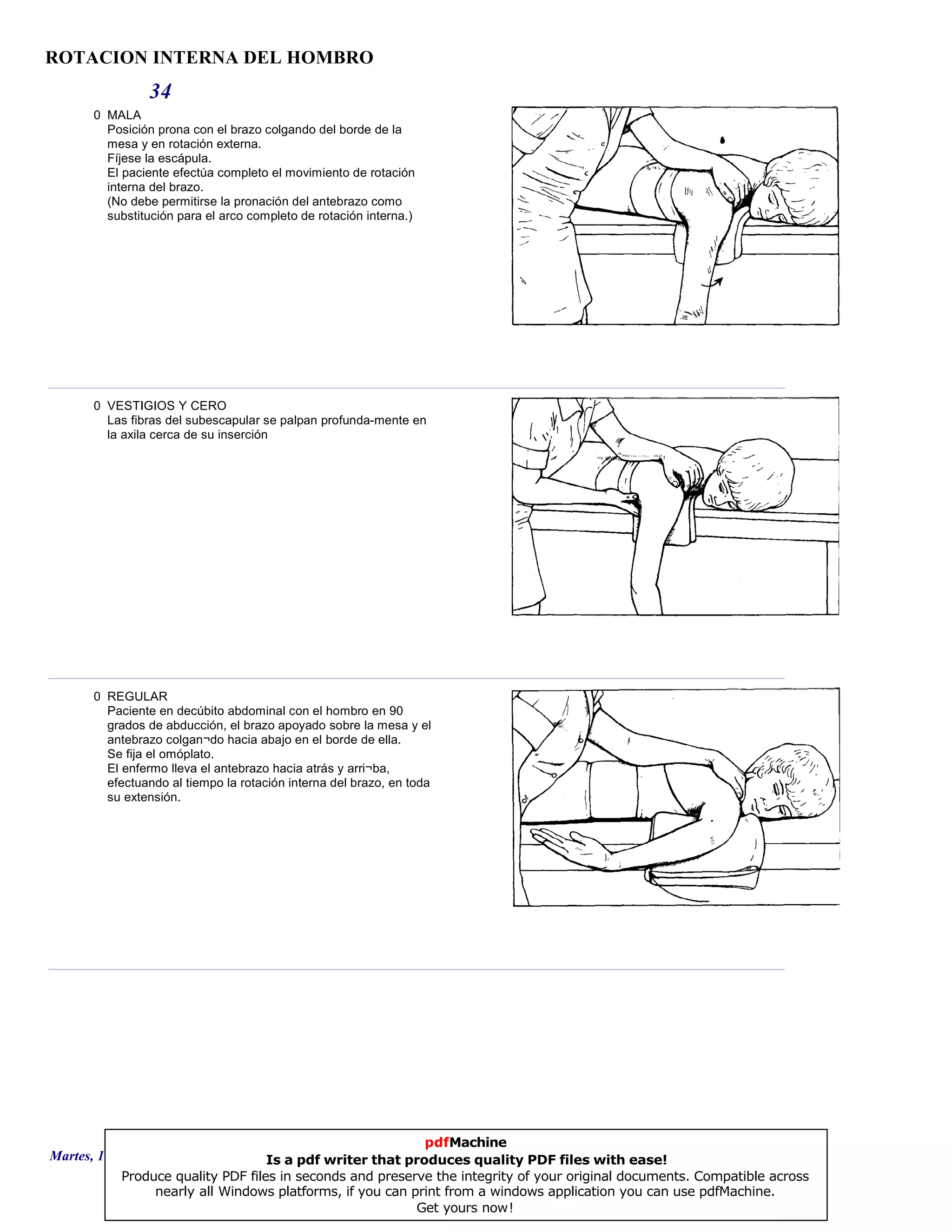 ROTACION INTERNA DEL HOMBRO
34
0 MALA
Posición prona con el brazo colgando del borde de la
mesa y en rotación externa.
Fíjese la escápula.
El paciente efectúa completo el movimiento de rotación
interna del brazo.
(No debe permitirse la pronación del antebrazo como
substitución para el arco completo de rotación interna.)
0 VESTIGIOS Y CERO
Las fibras del subescapular se palpan profunda-mente en
la axila cerca de su inserción
0 REGULAR
Paciente en decúbito abdominal con el hombro en 90
grados de abducción, el brazo apoyado sobre la mesa y el
antebrazo colgan¬do hacia abajo en el borde de ella.
Se fija el omóplato.
El enfermo lleva el antebrazo hacia atrás y arri¬ba,
efectuando al tiempo la rotación interna del brazo, en toda
su extensión.
Martes, 18 de Septiembre de 2007 Página 93 de 135
pdfMachine
Is a pdf writer that produces quality PDF files with ease!
Produce quality PDF files in seconds and preserve the integrity of your original documents. Compatible across
nearly all Windows platforms, if you can print from a windows application you can use pdfMachine.
Get yours now!
 