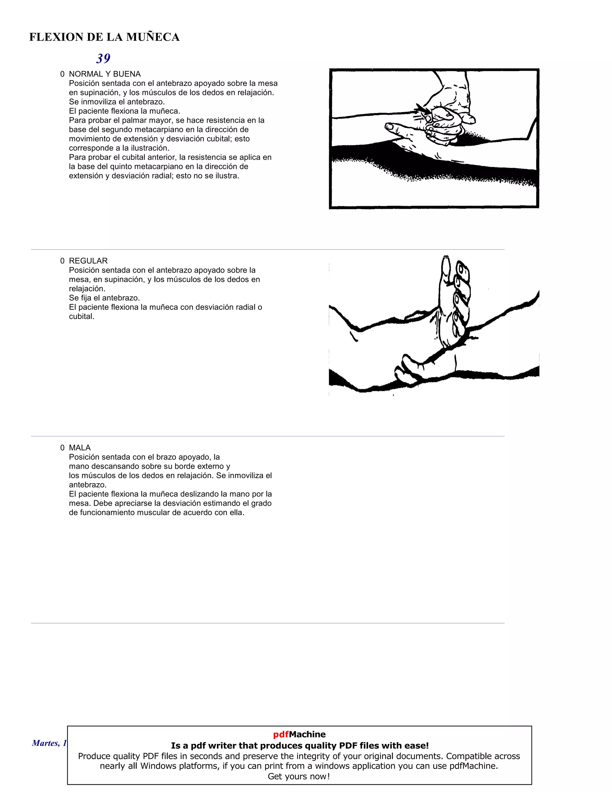 FLEXION DE LA MUÑECA
39
0 NORMAL Y BUENA
Posición sentada con el antebrazo apoyado sobre la mesa
en supinación, y los músculos de los dedos en relajación.
Se inmoviliza el antebrazo.
El paciente flexiona la muñeca.
Para probar el palmar mayor, se hace resistencia en la
base del segundo metacarpiano en la dirección de
movimiento de extensión y desviación cubital; esto
corresponde a la ilustración.
Para probar el cubital anterior, la resistencia se aplica en
la base del quinto metacarpiano en la dirección de
extensión y desviación radial; esto no se ilustra.
0 REGULAR
Posición sentada con el antebrazo apoyado sobre la
mesa, en supinación, y Ios músculos de los dedos en
relajación.
Se fija el antebrazo.
El paciente flexiona la muñeca con desviación radial o
cubital.
0 MALA
Posición sentada con el brazo apoyado, la
mano descansando sobre su borde externo y
los músculos de los dedos en relajación. Se inmoviliza el
antebrazo.
El paciente flexiona la muñeca deslizando la mano por la
mesa. Debe apreciarse la desviación estimando el grado
de funcionamiento muscular de acuerdo con ella.
Martes, 18 de Septiembre de 2007 Página 108 de 135
pdfMachine
Is a pdf writer that produces quality PDF files with ease!
Produce quality PDF files in seconds and preserve the integrity of your original documents. Compatible across
nearly all Windows platforms, if you can print from a windows application you can use pdfMachine.
Get yours now!
 