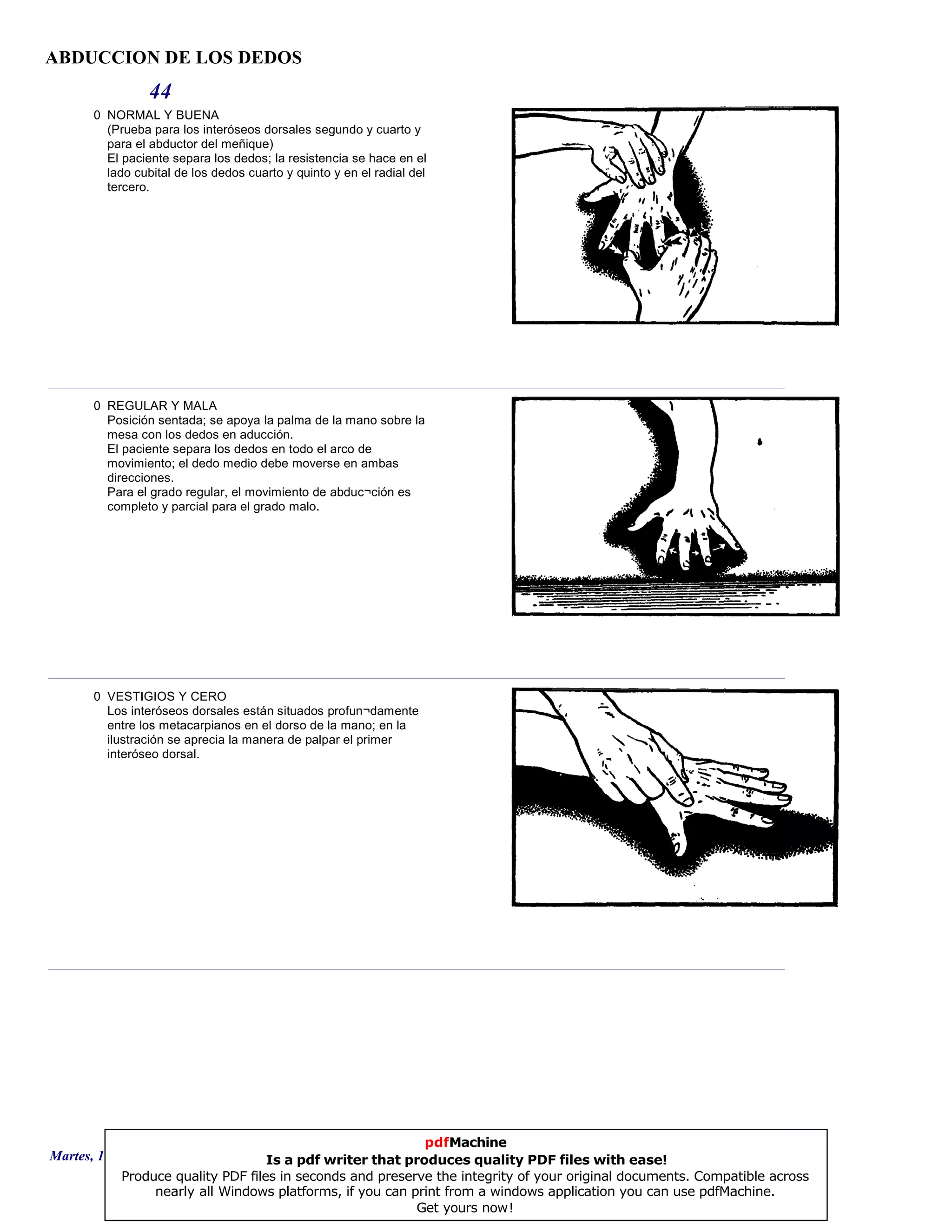 ABDUCCION DE LOS DEDOS
44
0 NORMAL Y BUENA
(Prueba para los interóseos dorsales segundo y cuarto y
para el abductor del meñique)
El paciente separa los dedos; la resistencia se hace en el
lado cubital de los dedos cuarto y quinto y en el radial del
tercero.
0 REGULAR Y MALA
Posición sentada; se apoya la palma de la mano sobre la
mesa con los dedos en aducción.
El paciente separa los dedos en todo el arco de
movimiento; el dedo medio debe moverse en ambas
direcciones.
Para el grado regular, el movimiento de abduc¬ción es
completo y parcial para el grado malo.
0 VESTIGIOS Y CERO
Los interóseos dorsales están situados profun¬damente
entre los metacarpianos en el dorso de la mano; en la
ilustración se aprecia la manera de palpar el primer
interóseo dorsal.
Martes, 18 de Septiembre de 2007 Página 122 de 135
pdfMachine
Is a pdf writer that produces quality PDF files with ease!
Produce quality PDF files in seconds and preserve the integrity of your original documents. Compatible across
nearly all Windows platforms, if you can print from a windows application you can use pdfMachine.
Get yours now!
 
