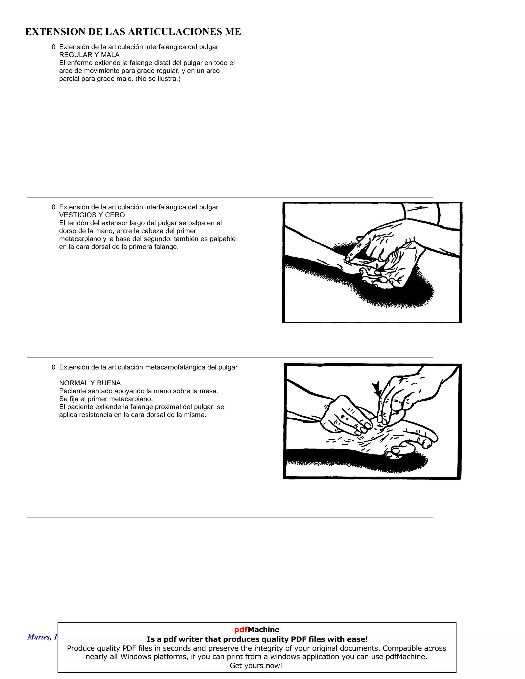EXTENSION DE LAS ARTICULACIONES ME
0 Extensión de la articulación interfalángica del pulgar
REGULAR Y MALA
El enfermo extiende la falange distal del pulgar en todo el
arco de movimiento para grado regular, y en un arco
parcial para grado malo. (No se ilustra.)
0 Extensión de la articulación interfalángica del pulgar
VESTIGIOS Y CERO
El tendón del extensor largo del pulgar se palpa en el
dorso de la mano, entre la cabeza del primer
metacarpiano y la base del segundo; también es palpable
en la cara dorsal de la primera falange.
0 Extensión de la articulación metacarpofalángica del pulgar
NORMAL Y BUENA
Paciente sentado apoyando la mano sobre la mesa.
Se fija el primer metacarpiano.
El paciente extiende la falange proximal del pulgar; se
aplica resistencia en la cara dorsal de la misma.
Martes, 18 de Septiembre de 2007 Página 131 de 135
pdfMachine
Is a pdf writer that produces quality PDF files with ease!
Produce quality PDF files in seconds and preserve the integrity of your original documents. Compatible across
nearly all Windows platforms, if you can print from a windows application you can use pdfMachine.
Get yours now!
 
