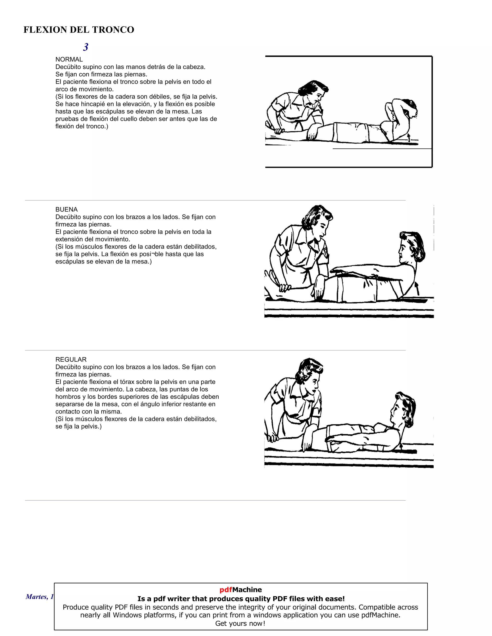 FLEXION DEL TRONCO
3
NORMAL
Decúbito supino con las manos detrás de la cabeza.
Se fijan con firmeza las piernas.
El paciente flexiona el tronco sobre la pelvis en todo el
arco de movimiento.
(Si los flexores de la cadera son débiles, se fija la pelvis.
Se hace hincapié en la elevación, y la flexión es posible
hasta que las escápulas se elevan de la mesa. Las
pruebas de flexión del cuello deben ser antes que las de
flexión del tronco.)
BUENA
Decúbito supino con los brazos a los lados. Se fijan con
firmeza las piernas.
El paciente flexiona el tronco sobre la pelvis en toda la
extensión del movimiento.
(Si los músculos flexores de la cadera están debilitados,
se fija la pelvis. La flexión es posi¬ble hasta que las
escápulas se elevan de la mesa.)
REGULAR
Decúbito supino con los brazos a los lados. Se fijan con
firmeza las piernas.
El paciente flexiona el tórax sobre la pelvis en una parte
del arco de movimiento. La cabeza, las puntas de los
hombros y los bordes superiores de las escápulas deben
separarse de la mesa, con el ángulo inferior restante en
contacto con la misma.
(Si los músculos flexores de la cadera están debilitados,
se fija la pelvis.)
Martes, 18 de Septiembre de 2007 Página 7 de 135
pdfMachine
Is a pdf writer that produces quality PDF files with ease!
Produce quality PDF files in seconds and preserve the integrity of your original documents. Compatible across
nearly all Windows platforms, if you can print from a windows application you can use pdfMachine.
Get yours now!
 