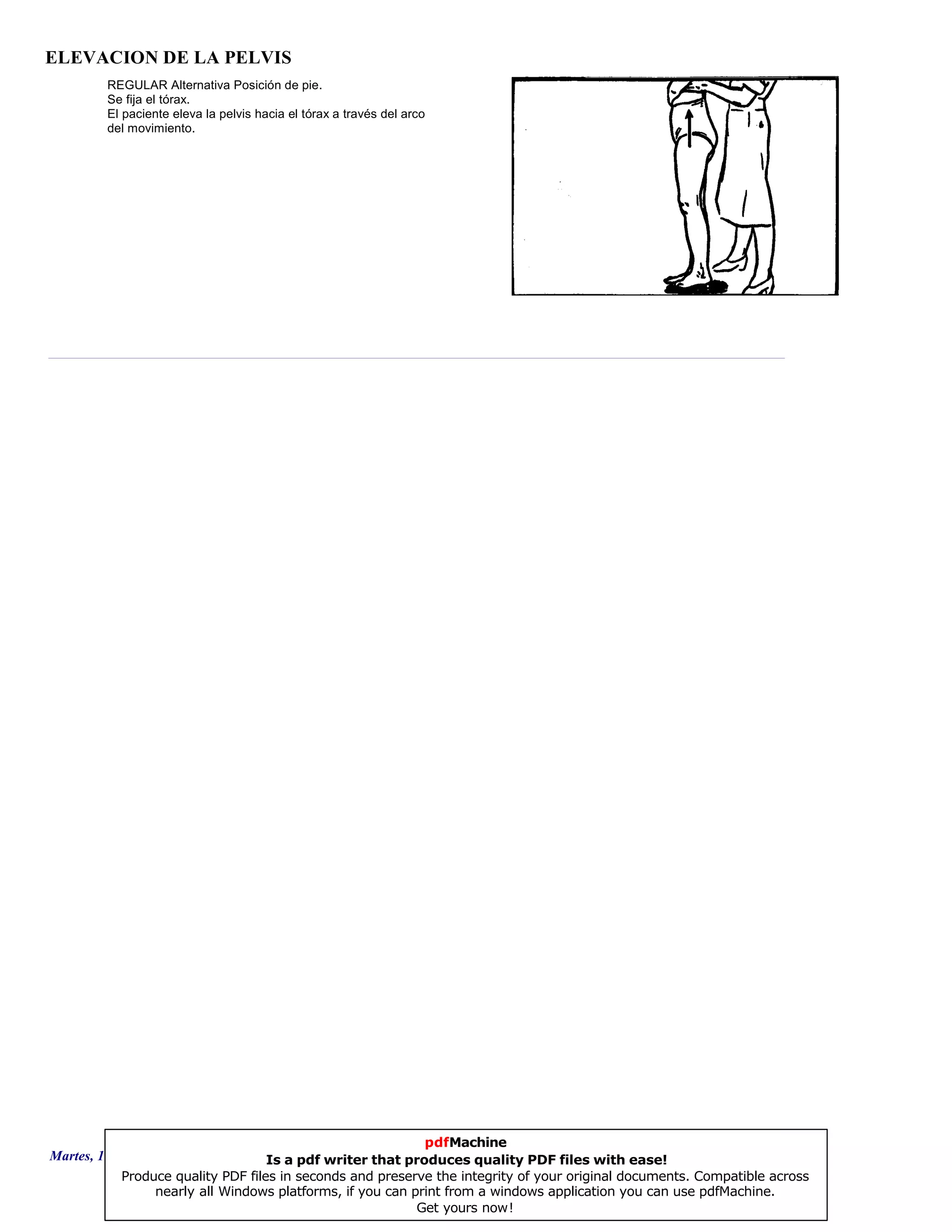 ELEVACION DE LA PELVIS
REGULAR Alternativa Posición de pie.
Se fija el tórax.
El paciente eleva la pelvis hacia el tórax a través del arco
del movimiento.
Martes, 18 de Septiembre de 2007 Página 17 de 135
pdfMachine
Is a pdf writer that produces quality PDF files with ease!
Produce quality PDF files in seconds and preserve the integrity of your original documents. Compatible across
nearly all Windows platforms, if you can print from a windows application you can use pdfMachine.
Get yours now!
 