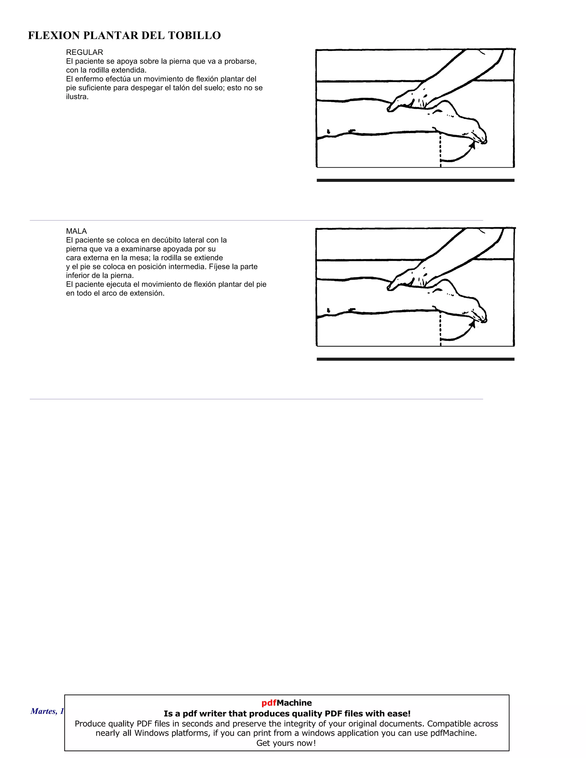 FLEXION PLANTAR DEL TOBILLO
REGULAR
El paciente se apoya sobre la pierna que va a probarse,
con la rodilla extendida.
El enfermo efectúa un movimiento de flexión plantar del
pie suficiente para despegar el talón del suelo; esto no se
ilustra.
MALA
El paciente se coloca en decúbito lateral con la
pierna que va a examinarse apoyada por su
cara externa en la mesa; la rodilla se extiende
y el pie se coloca en posición intermedia. Fíjese la parte
inferior de la pierna.
El paciente ejecuta el movimiento de flexión plantar del pie
en todo el arco de extensión.
Martes, 18 de Septiembre de 2007 Página 44 de 135
pdfMachine
Is a pdf writer that produces quality PDF files with ease!
Produce quality PDF files in seconds and preserve the integrity of your original documents. Compatible across
nearly all Windows platforms, if you can print from a windows application you can use pdfMachine.
Get yours now!
 