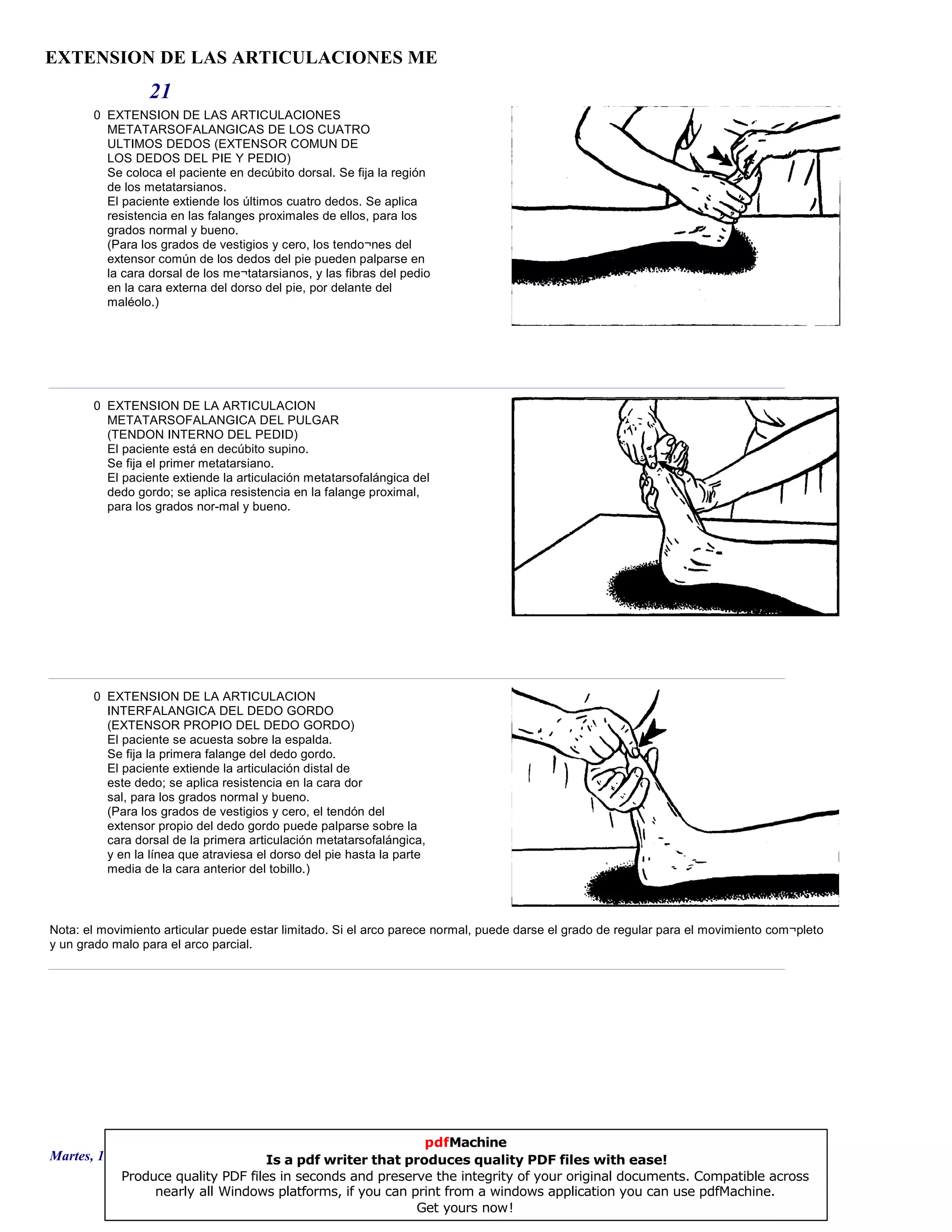 EXTENSION DE LAS ARTICULACIONES ME
21
0 EXTENSION DE LAS ARTICULACIONES
METATARSOFALANGICAS DE LOS CUATRO
ULTIMOS DEDOS (EXTENSOR COMUN DE
LOS DEDOS DEL PIE Y PEDIO)
Se coloca el paciente en decúbito dorsal. Se fija la región
de los metatarsianos.
El paciente extiende los últimos cuatro dedos. Se aplica
resistencia en las falanges proximales de ellos, para los
grados normal y bueno.
(Para los grados de vestigios y cero, los tendo¬nes del
extensor común de los dedos del pie pueden palparse en
la cara dorsal de los me¬tatarsianos, y las fibras del pedio
en la cara externa del dorso del pie, por delante del
maléolo.)
0 EXTENSION DE LA ARTICULACION
METATARSOFALANGICA DEL PULGAR
(TENDON INTERNO DEL PEDID)
El paciente está en decúbito supino.
Se fija el primer metatarsiano.
El paciente extiende la articulación metatarsofalángica del
dedo gordo; se aplica resistencia en la falange proximal,
para los grados nor-mal y bueno.
0 EXTENSION DE LA ARTICULACION
INTERFALANGICA DEL DEDO GORDO
(EXTENSOR PROPIO DEL DEDO GORDO)
El paciente se acuesta sobre la espalda.
Se fija la primera falange del dedo gordo.
El paciente extiende la articulación distal de
este dedo; se aplica resistencia en la cara dor
sal, para los grados normal y bueno.
(Para los grados de vestigios y cero, el tendón del
extensor propio del dedo gordo puede palparse sobre la
cara dorsal de la primera articulación metatarsofalángica,
y en la línea que atraviesa el dorso del pie hasta la parte
media de la cara anterior del tobillo.)
Nota: el movimiento articular puede estar limitado. Si el arco parece normal, puede darse el grado de regular para el movimiento com¬pleto
y un grado malo para el arco parcial.
Martes, 18 de Septiembre de 2007 Página 58 de 135
pdfMachine
Is a pdf writer that produces quality PDF files with ease!
Produce quality PDF files in seconds and preserve the integrity of your original documents. Compatible across
nearly all Windows platforms, if you can print from a windows application you can use pdfMachine.
Get yours now!
 