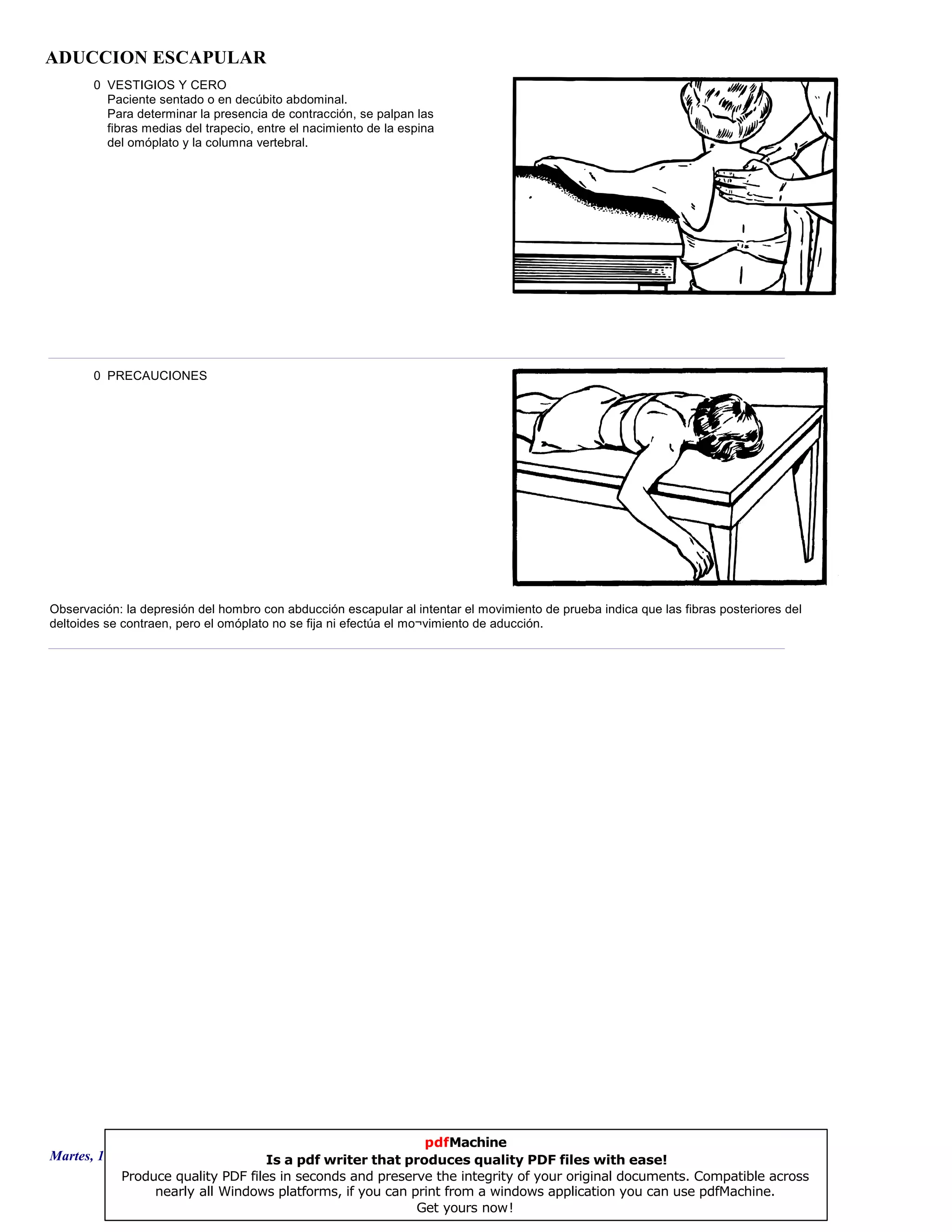 ADUCCION ESCAPULAR
0 VESTIGIOS Y CERO
Paciente sentado o en decúbito abdominal.
Para determinar la presencia de contracción, se palpan las
fibras medias del trapecio, entre el nacimiento de la espina
del omóplato y la columna vertebral.
0 PRECAUCIONES
Observación: la depresión del hombro con abducción escapular al intentar el movimiento de prueba indica que las fibras posteriores del
deltoides se contraen, pero el omóplato no se fija ni efectúa el mo¬vimiento de aducción.
Martes, 18 de Septiembre de 2007 Página 67 de 135
pdfMachine
Is a pdf writer that produces quality PDF files with ease!
Produce quality PDF files in seconds and preserve the integrity of your original documents. Compatible across
nearly all Windows platforms, if you can print from a windows application you can use pdfMachine.
Get yours now!
 
