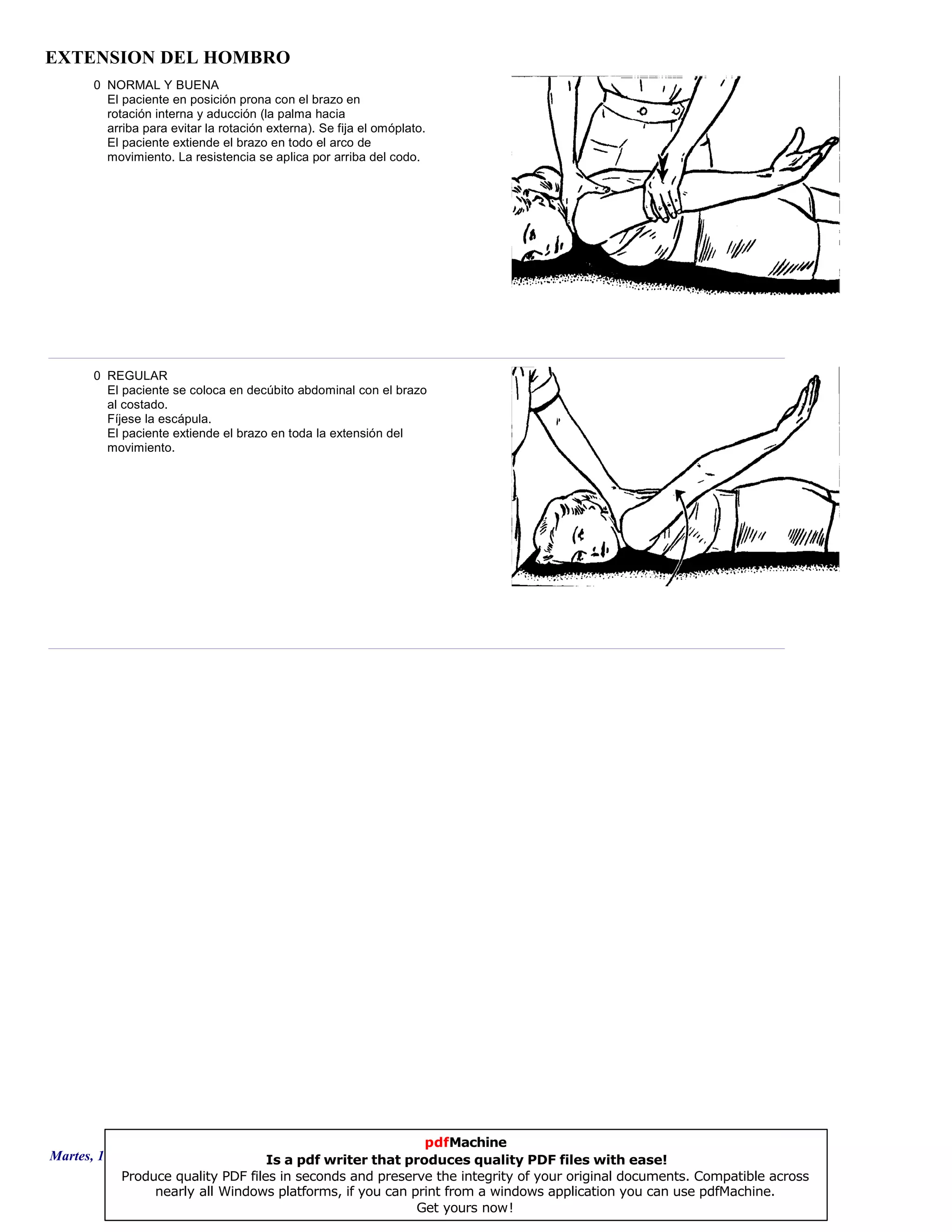 EXTENSION DEL HOMBRO
0 NORMAL Y BUENA
El paciente en posición prona con el brazo en
rotación interna y aducción (la palma hacia
arriba para evitar la rotación externa). Se fija el omóplato.
El paciente extiende el brazo en todo el arco de
movimiento. La resistencia se aplica por arriba del codo.
0 REGULAR
El paciente se coloca en decúbito abdominal con el brazo
al costado.
Fíjese la escápula.
El paciente extiende el brazo en toda la extensión del
movimiento.
Martes, 18 de Septiembre de 2007 Página 79 de 135
pdfMachine
Is a pdf writer that produces quality PDF files with ease!
Produce quality PDF files in seconds and preserve the integrity of your original documents. Compatible across
nearly all Windows platforms, if you can print from a windows application you can use pdfMachine.
Get yours now!
 