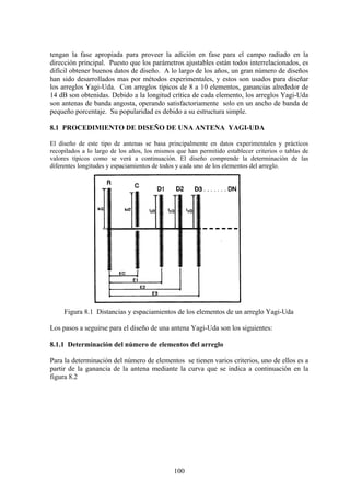 100
tengan la fase apropiada para proveer la adición en fase para el campo radiado en la
dirección principal. Puesto que los parámetros ajustables están todos interrelacionados, es
difícil obtener buenos datos de diseño. A lo largo de los años, un gran número de diseños
han sido desarrollados mas por métodos experimentales, y estos son usados para diseñar
los arreglos Yagi-Uda. Con arreglos típicos de 8 a 10 elementos, ganancias alrededor de
14 dB son obtenidas. Debido a la longitud crítica de cada elemento, los arreglos Yagi-Uda
son antenas de banda angosta, operando satisfactoriamente solo en un ancho de banda de
pequeño porcentaje. Su popularidad es debido a su estructura simple.
8.1 PROCEDIMIENTO DE DISEÑO DE UNA ANTENA YAGI-UDA
El diseño de este tipo de antenas se basa principalmente en datos experimentales y prácticos
recopilados a lo largo de los años, los mismos que han permitido establecer criterios o tablas de
valores típicos como se verá a continuación. El diseño comprende la determinación de las
diferentes longitudes y espaciamientos de todos y cada uno de los elementos del arreglo.
Figura 8.1 Distancias y espaciamientos de los elementos de un arreglo Yagi-Uda
Los pasos a seguirse para el diseño de una antena Yagi-Uda son los siguientes:
8.1.1 Determinación del número de elementos del arreglo
Para la determinación del número de elementos se tienen varios criterios, uno de ellos es a
partir de la ganancia de la antena mediante la curva que se indica a continuación en la
figura 8.2
 