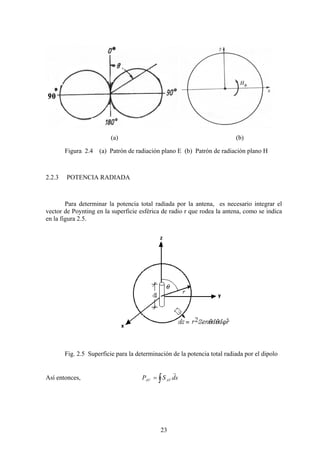23
(a) (b)
Figura 2.4 (a) Patrón de radiación plano E (b) Patrón de radiación plano H
2.2.3 POTENCIA RADIADA
Para determinar la potencia total radiada por la antena, es necesario integrar el
vector de Poynting en la superficie esférica de radio r que rodea la antena, como se indica
en la figura 2.5.
Fig. 2.5 Superficie para la determinación de la potencia total radiada por el dipolo
Así entonces, sdSP AVAV
r
∫=
 