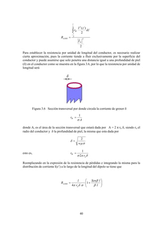 40
2
´
2
´)(
2
2
2
2
in
l
l
W
LOSS
I
dz
zI
r
R )
∫
−
=
Para establecer la resistencia por unidad de longitud del conductor, es necesario realizar
cierta aproximación, pues la corriente tiende a fluir exclusivamente por la superficie del
conductor y puede asumirse que solo penetra una distancia igual a una profundidad de piel
(δ) en el conductor como se muestra en la figura 3.6, por lo que la resistencia por unidad de
longitud será
Figura 3.6 Sección transversal por donde circula la corriente de grosor δ
A
rW
σ
1
=
donde A, es el área de la sección transversal que estará dada por A = 2 π ra δ, siendo ra el
radio del conductor y δ la profundidad de piel, la misma que esta dada por
σμ
δ
w
2
=
esto es,
δπσ a
W
r
r
2
1
=
Reemplazando en la expresión de la resistencia de pérdidas e integrando la misma para la
distribución de corriente I(z’) a lo largo de la longitud del dipolo se tiene que
⎟⎟
⎠
⎞
⎜⎜
⎝
⎛
+=
l
lSen
r
l
R
a
LOSS
β
β
σδπ
1
4
 