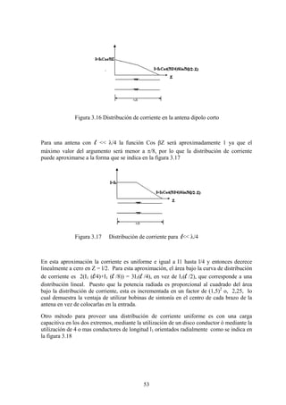 53
Figura 3.16 Distribución de corriente en la antena dipolo corto
Para una antena con l << λ/4 la función Cos βZ será aproximadamente 1 ya que el
máximo valor del argumento será menor a π/8, por lo que la distribución de corriente
puede aproximarse a la forma que se indica en la figura 3.17
Figura 3.17 Distribución de corriente para l<< λ/4
En esta aproximación la corriente es uniforme e igual a I1 hasta l/4 y entonces decrece
linealmente a cero en Z = l/2. Para esta aproximación, el área bajo la curva de distribución
de corriente es 2(I1 (l/4)+I1 (l /8)) = 3I1(l /4), en vez de I1(l /2), que corresponde a una
distribución lineal. Puesto que la potencia radiada es proporcional al cuadrado del área
bajo la distribución de corriente, esta es incrementada en un factor de (1,5)2
o, 2,25, lo
cual demuestra la ventaja de utilizar bobinas de sintonía en el centro de cada brazo de la
antena en vez de colocarlas en la entrada.
Otro método para proveer una distribución de corriente uniforme es con una carga
capacitiva en los dos extremos, mediante la utilización de un disco conductor ó mediante la
utilización de 4 o mas conductores de longitud l1 orientados radialmente como se indica en
la figura 3.18
 