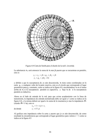 66
Figura 4.8 Carta de Smith para el diseño de la red L invertida
La admitancia , será entonces la suma de mas jb puesto que se encuentran en paralelo,
esto es
jbjbgjbyy LLL ++=+=1
)(1 bbjgy LL ++=
y debido a que la susceptancia jb, es aún desconocida, tiene como coordenadas en la
carta gL, y cualquier valor de la parte reactiva, esto es el circulo que corresponde al lugar
geométrico para gL constante, como se indica en la figura 4.8, encontrándose en el tramo
arriba de si la susceptancia paralelo es capacitiva, y bajo de si la susceptancia
paralelo es inductiva.
Ahora en el lado de entrada de la red, para que exista acoplamiento con la línea de
transmisión, la impedancia de entrada normalizada debe ser igual a 1 como se indica en la
figura 4.8, y la misma deberá ser igual a la suma de la reactancia jx mas la impedancia
(siendo =1/ ), esto es
11 zjxzin +±==
de donde jxz m11 =
Al graficar esta impedancia sobre la carta y puesto que jx es aún desconocida, da como
resultado la circunferencia que corresponde al lugar geométrico para valores r = 1 como se
indica en la figura 4.9
 