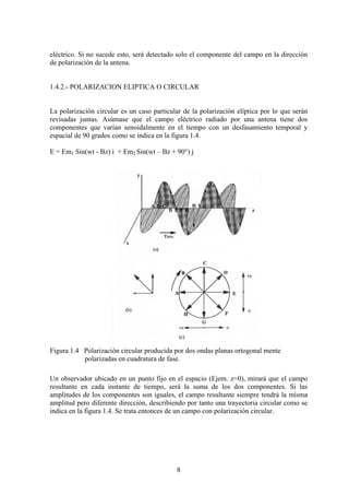 8
eléctrico. Si no sucede esto, será detectado solo el componente del campo en la dirección
de polarización de la antena.
1.4.2.- POLARIZACION ELIPTICA O CIRCULAR
La polarización circular es un caso particular de la polarización elíptica por lo que serán
revisadas juntas. Asúmase que el campo eléctrico radiado por una antena tiene dos
componentes que varían senoidalmente en el tiempo con un desfasamiento temporal y
espacial de 90 grados como se indica en la figura 1.4.
E = Em1 Sin(wt - Bz) i + Em2 Sin(wt – Bz + 90°) j
Figura 1.4 Polarización circular producida por dos ondas planas ortogonal mente
polarizadas en cuadratura de fase.
Un observador ubicado en un punto fijo en el espacio (Ejem. z=0), mirará que el campo
resultante en cada instante de tiempo, será la suma de los dos componentes. Si las
amplitudes de los componentes son iguales, el campo resultante siempre tendrá la misma
amplitud pero diferente dirección, describiendo por tanto una trayectoria circular como se
indica en la figura 1.4. Se trata entonces de un campo con polarización circular.
 