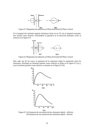 97
Figura 8.3 Diagramas de radiación (a) Plano horizontal (b) Plano vertical
Si la longitud del elemento parásito disminuye hasta en un 5% de la longitud resonante,
este actuará como director, reforzándose la ganancia en la dirección principal, como se
muestra en la figura 8.4
Figura 8.4 Diagramas de radiación (a) Plano horizontal (b) Plano vertical
Para cada uno de los casos, la ganancia de la estructura según la separación entre los
elementos, utilizando un elemento parásito como reflector se indica en la figura 8.5 (a) y,
con el elemento parásito como director se muestra en la figura 8.5 (b)
Figura 8.5 (a) Ganancia de una antena de dos elementos dipolo - reflector
(b) Ganancia de una antena de dos elementos dipolo - director
 