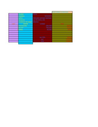 FACTURA 3 CON IVA
ciudad: fecha:
medellin 5/24/2011
señor: manuela carvajal restrepo
dirrecion: car 53 # 84 a 49
condicion de pago efectivo
cant detalle unidad total
1 microondas 250,000 250000
1 lcd 32 " 700,000 700000
2 bafles 45,000 90000
iva 16% 166400
sut: 1040000
total 1206400