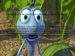Modelos 2

La historia de un innovador <<bichos>> de John lasseter



  Flick es un jovencito hormiga, esta lleno de proyecto y construye maquinas
 siempre con la facilidad de recoger mas rápido y acabar los trabajo a tiempo
pero un descuidado propenso le cambia la vida arruina la cosecha de las demás
 hormigas y trata de buscar soluciones que al principio le fue difícil pero con
estrategia y con innovación rompe todas las dificultades que se le presentaron
 