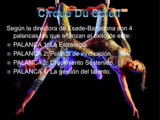 Según la directora de Esade-Barcelona son 4
  palancas las que afianzan el éxito de este:
 PALANCA 1: La Estrategia.
 PALANCA 2: Política de innovación.
 PALANCA 3: Crecimiento Sostenido.
 PALANCA 4: La gestión del talento.
 