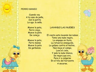 Rondita de la mano
PERRO MANSO

       Cuando voy
    Dame una de peña,
    A la casa mano
    Dame la otra
       Con la patita
    Vamos a hacer
      Le ago. la seña.
    Una ronda grandota
    Una ronditapata, alta
      Mueve la muy           LAVANDO LAS NUEBES
    Una rondita muy baja
       Perro viejo,
    Una ronditapata
      Mueve la saltando
    Un ronda en una pata El viento esta lavando las nubes
        De conejo.
    Una ronda sentado          Tomo una nube negra,
    Porque ya estoy cansado!! La empapa en lluvia,
      Mueve la pata,
      Perro manso            La retuerce enseguida,
      Mueve la pata        La golpea contra el molino,
      De garbanzo.             Nos moja el campo,
                                  Lava el cielo,
                              Y sale la nube blanca,
                                De negra que era,
                                Para ir a colgarse
                             En el hilo del horizonte
                                    A secarse.
 
