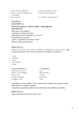 17
3. Pensar en lo más importante 8. Pensar en lo bueno y lo malo
4. Tomar en cuenta los puntos de vista 9. Seleccionar una alternativa
De la familia
5. Hacer una lista 10. Verificar y repetir los pasos
CLASE 4
LECCIÓN 4
Procesos básicos: observación y descripción
Introducción:
¿Qué vimos en la Unidad 1?
La expansión y contracción de ideas.
¿Qué otros procesos estudiamos en el nivel 1?
La planificación y la decisión
¿Cuál es el producto de una observación?
Obtener una lista de características
PRÁCTICA 1
Miremos al cabello de una de nuestras compañeras o compañeros que tenemos a lado. ¿Qué
características puedes dar acerca del cabello de la compañera o compañero?
Largo
Ondulado
Negro
Bien Peinado
Suelto
CARACTERISTICAS VARIABLES
Negro, rubio o castaño Color
Rizado, Lacio u Ondulado Tipo de Cabello
Largo o corto Tamaño
Peinado o despeinado Presentación
Recogido o suelto Estilo
¿Qué dijimos eran las variables? ¿Son estas las mismas variables que conocimos cuando
vimos el proceso considerar variables?
Las variables son aquellos parámetros que le podemos dar valor cuantitativo y cualitativo
PRÁCTICA 2
¿Qué características tienen los trajes A y B?
 