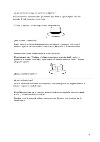 40
¿A qué conclusión se llega con respecto a las hipótesis?
Las características esenciales son las que importan para definir si algo es original o no estas
dependen de cada productor o comerciante.
Veamos el siguiente caso que tampoco es un sombrero Catrin:
¿Qué hacemos a continuación?
Primer observar las características esenciales como la flor las rayas negras verticales y el
enrollado negro en este caso le faltan 2 características por ende no es un sombrero catrín.
Entonces conservamos la hipótesis que no ha sido descartada.
El paso siguiente dice: “Verifique si la hipótesis que aceptó le permite decidir, predecir o
pronosticar la inclusión de un objeto, sujeto o situación nueva en la clase en estudio”. Veamos
el siguiente ejemplo:
No es un sombrero Catrin debido a que tiene rayas verticales negras de una longitud distinta a la
anterior y no posee el enrollado negro.
El penúltimo paso pide que se enumeren las características esenciales de los sombreros modelo
Catrin. ¿Cuáles son estas características?
Enrollado negro de un tipo de medida exacta,poseer una flor, rayas verticales de un tipo de
medida exacta.
¿Es este unsombreroCatrin?
¿A qué conclusiónllega?
 
