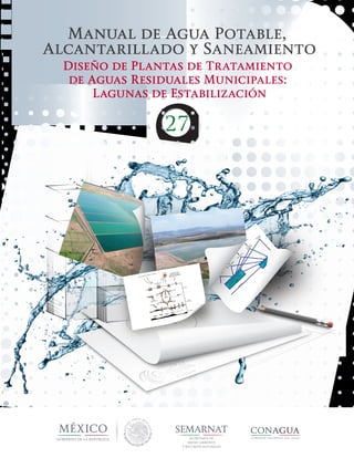 Diseño de Plantas de Tratamiento
de Aguas Residuales Municipales:
Lagunas de Estabilización
Manual de Agua Potable,
Alcantarillado y Saneamiento
27
Líp
id
os
Polisacárid
os
Proteín
as
Ácid
os nucle
icos
Ácid
os
grasos
M
onosacárid
os
Am
in
oácid
os
Purin
as
y
pirim
id
in
as
Arom
áticos
sencillo
s
O
tros
productos
ferm
entados
(ej.
productos, butirato,
succin
atos, la
ctato, etanol,
etc.)
Sustratos
Sustratos
m
etanogénicos
H
2,
CO
2, form
ato, m
etanol,
m
etilam
in
as, acetato
M
etano
+
CO
2
Viento (acción de mezclado y aereación) Luz solar
Si el oxígeno no está
presente en las capas
superiores de la laguna se
liberan gases mal olientes
O2
O2
(Durante horas
de luz)
Algas
Nuevas
células
Células
muertas
O2
CO2
Nuevas
células
Bacteria
Células muertas
Agua residual
Sólidos
Sedimentables
Lodo
NH3
POH4
-3
NH3
POH4
-3
H2
S + 2O2
H2
SO4
Residuos
Orgánicos
Ácidos
Orgánicos
+NH3
Aerobia
Zona
Facultativa
Anaerobia
CO2
+H3
+CH4
comisión nacional del agua
 