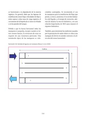 100
ye fuertemente a la degradación de la materia
orgánica. En general, dado que las lagunas de
estabilización tienen bajas velocidades de flujo y
están sujetas a altas tasas de carga orgánica, el
crecimiento de la biopelícula se tiene en el fondo
y en las paredes del tanque.
Debido a que la fuerza horizontal sobre las
mamparas es pequeña, excepto cuando se tie-
nen vientos fuertes, la estructura de estas no
requiere de una resistencia particular. Una
instalación típica de las mamparas es colo-
cándolas sumergidas. Se recomienda el uso
de mamparas para la modelación del flujo tipo
pistón, es decir, aumentar el recorrido hidráu-
lico del líquido y el tiempo de retención, ade-
más de mejorar la mezcla hidráulica, con una
relación largo/ancho de 50/1 para mejorar el
régimen hidráulico.
También, para minimizar las molestias causadas
por la generación de malos olores se coloca una
mampara de desvío en sentido contrario a la di-
rección del viento (sotavento).
Ilustración 4.16 Ejemplo de lagunas con mamparas (Rosas, S. et al, 2010)
4.30 m
5.40 m
1
2
3
4
5
6
7
 