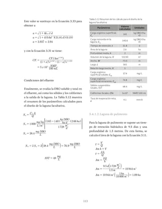 113
Este valor se sustituye en la Ecuación 3.33 para
obtener a
. . .
. .
a k d
a d d
a
1 4
1 4 0 6 31 81 0 19
3 937 3 94
CF
1
.
x
= +
= +
=
-
^ ^ ^
h h h
y con la Ecuación 3.31 se tiene:
CF
a e a e
CF ae
x mL
NMP
4
5 10 100
/
e a d a d
i
d
2 2 2 2
1 2
3
=
+ - -
=
-
^
^ ^
^
h
h h
h
Condiciones del efluente
Finalmente, se evalúa la DBO soluble y total en
el efluente, así como los sólidos y los coliformes
a la salida de la laguna. La Tabla 5.12 muestra
el resumen de los parámetfros calculados para
el diseño de la laguna facultativa.
/
/ .
.
S Q
C A
S
L m
mg kg
d
m
ha d
kg DBO
ha
S L
mg DBO
1000
1728
165 140 2 66
38 4
es
S
es
es
3 3
=
=
-
=
^ ^
h h
R
T
S
S
S
S
S
S
S
S
V
X
W
W
W
W
W
W
W
W
. .
S S L
mg DBO
L
mg DBO
2 2 38 4 76 9
Te es
= = =
a k
SST L
mg
48
=
5.4.1.2.Laguna de pulimento
Para la laguna de pulimento se supone un tiem-
po de retención hidráulica de 9.5 días y una
profundidad de 1.5 metros. De esta forma, se
calcula el área de la laguna con la Ecuación 3.11.
.
.
.
Q
V
Am h V
Q
A h
Am h
Q
Am m
d d
m
m
Am m
m
ha
ha
1 5
9 5 1728
10 944
10 944
10 000
1
1 09
3
2
2
2
x
x
x
=
=
=
=
= =
= =
a
a
k
k
Tabla 5.12 Resumen de los cálculo para el diseño de la
laguna facultativa
Parámetros
Valores
calculados
Unidades
Carga orgánica superficial,
Cs
165
kg DBO/(ha
d)
Carga removida en la
laguna, Csr
140.6
kg DBO/(ha
d)
Tiempo de retención, t 31.8 d
Área de la laguna 2.6 ha
Profundidad media, h 2 m
Volumen de la laguna, V 53230 m3
Ancho, W 73.0 m
Largo, L 365 m
Relación largo/ancho, X 5
Carga orgánica
superficial soluble, CSS
37.4 mg/L
Carga orgánica
superficial remanente, CSR
74.8 mg/L
Sólidos suspendidos
totales, SST
48.4 mg/L
Coliformes fecales, CFe 5x103
NMP/100 mL
Tasa de evaporación neta,
e
4.1 mm/d
 