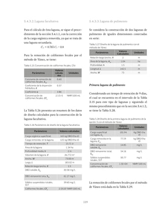 119
5.4.3.2.Laguna facultativa
Para el cálculo de ésta laguna, se sigue el proce-
dimiento de la sección 5.4.1.1, con la corrección
de la carga orgánica removida, ya que se trata de
una laguna secundaria.
0 765 0 8
sr S
Para la remoción de coliformes fecales por el
método de Yánez, se tiene:
La Tabla 5.26 presenta un resumen de los datos
de diseño calculados para la construcción de la
laguna facultativa.
Tabla 5.25 Concentración de coliformes fecales, CFe
Parámetros
Valores
calcula-
dos
Unidades
Constante de remoción de
coliformes fecales, kCF
0.60
Coeficiente de la dispersión
hidráulica, d
0.37
Coeficiente a 3.86
Concentración de
coliformes fecales, CFe
2.5 E+5 NMP/100 mL
Tabla 5.26 Parámetros de diseño de la laguna facultativa
Parámetros Valores calculados
Carga orgánica superficial, 165 kg DBO/(ha d)
Carga removida. en la laguna, 125 kg DBO/(ha d)
Tiempo de retención, T 15.71 d
Área de la laguna 1.34 ha
Profundidad media, h 2 m
Volumen de la laguna, V 26,772 m3
Ancho, W 73.00 m
Largo, L 183.02 m
Relación largo/ancho, X 2.5
DBO soluble, Ses
30.58 mg/L
DBO remanente tota, STe
61.17 mg/L
Sólidos suspendidos totales,
SST
39.60 mg/L
Coliformes fecales, CFe
2.5X105
NMP/100 mL
Tabla 5.27 Diseño de la laguna de pulimento con el
método de Yánez
Parámetros
Valores
Calculados
Unidades
Relación largo/ancho, X 2 m
Área de la laguna, Am
1.04 ha
Profundidad, h 1.5 m
Longitud, L 142.5 m
Ancho, W 73 m
5.4.3.3.Laguna de pulimento
Se considera la construcción de dos lagunas de
pulimento de iguales dimensiones conectadas
en serie:
Tabla 5.28 Diseño de la primera laguna de pulimento de la
opción 3 con el método de Yánez
Parámetros
Valores
calculados
Unidades
Carga superficial
corregida, CS
101.94 Kg DBO (ha
d)
Carga removida en la
laguna, CSr
77.19 kg DBO/(ha
d)
DBO remanente
soluble, Ses
14.85 mg/L
DBO remanente total,
STe
34.16 mg/L
Sólidos suspendidos
totales, SST
30.77 mg/L
Concentración de
coliformes fecales, CFe
1.5E+04 NMP/100 mL
Primera laguna de pulimento
Considerando un tiempo de retención de 9 días,
el cual se encuentra en el intervalo de la Tabla
3.15 para este tipo de lagunas y siguiendo el
mismo procedimiento que en la sección 5.4.1.2,
se tiene la Tabla 5.28.
La remoción de coliformes fecales por el método
de Yánez está dada en la Tabla 5.29.
 