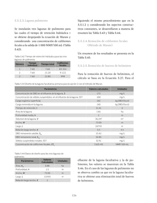 126
Siguiendo el mismo procedimiento que en la
5.5.1.2 y considerando los aspectos construc-
tivos constantes, se desarrollaron a manera de
resumen las Tabla 5.43 y Tabla 5.44.
5.5.2.4.Remoción de coliformes fecales
(Método de Marais)
Un resumen de los resultados se presenta en la
Tabla 5.45.
5.5.2.5.Remoción de huevos de helmintos
Para la remoción de huevos de helmintos, el
cálculo se basa en la Ecuación 3.27. Para el
Tabla 5.44 Datos de diseño para las tres lagunas de
pulimento
Tabla 5.43 Diseño de la laguna facultativa primaria para la opción 2 con el método de Marais
Parámetros Valores calculados Unidades
Concentración de DBO en el influente de la laguna, S 173 mg/L
Concentración de sólidos suspendidos, en el influente de la laguna, SST 100 mg/L
Carga orgánica superficial, 165 kg DBO/(ha d)
Carga removida en la laguna, 140 kg DBO/(ha d)
Tiempo de retención, t 21.41 d
Área de la laguna 1.81 ha
Profundidad media, h 2 m
Volumen de la laguna, V 36,197 m3
Ancho, W 73.00 m
Largo, L 247.92 m
Relación largo/ancho, X 3.5 3.5
DBO remanente soluble, Ses
25.42 mg/L
DBO remanente total, STe
50.85 mg/L
Sólidos suspendidos totales, SST 32.91 mg/L
Concentración de coliformes fecales, CFe
7.62E+05 NMP/100 mL
Parámetros
Valores
Calculados
Unidades
Área, Am
0.88 ha
Profundidad, h 1.5 m
Ancho, W 73.00 m
Largo, L 119.93 m
Relación largo/ancho, X 2
5.5.2.3.Laguna pulimento
Se instalarán tres lagunas de pulimento para
las cuales el tiempo de retención hidráulica τ
se obtiene despejando la ecuación de Marais y
considerando una concentración de coliformes
fecales a la salida de 1 000 NMP/100 mL (Tabla
5.42).
Número
Tiempo
individual
Tiempo total
Coliformes
fecales
1 7.60 7.60 83 354
2 7.60 15.20 9 122
3 7.60 22.80 998
Tabla 5.42 Tiempo de retención hidráulica para las tres
lagunas de pulimento
efluente de la laguna facultativa y la de pu-
limento, los valores se muestran en la Tabla
5.46. En el caso de las lagunas de pulimento no
se observa cambio ya que en la laguna faculta-
tiva se obtiene una eliminación total de huevos
de helmintos.
 