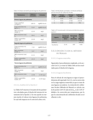 127
Tabla 5.45 Datos de diseño para las lagunas de pulimento
Tabla 5.47 Concentración de huevos de helmintos para la
opción 2
Parámetros
Valores c
alculados
Unidades
Primera laguna de pulimiento
Carga superficial
corregida, Cs
100.35 kgDBO/(ha d)
Carga removida en la
laguna, Csr
75.97 kgDBO/(ha d)
DBO remanente
soluble, Ses
12.35 mg/L
DBO remanente total,
STe
28.41 mg/L
Sólidos suspendidos
totales, SST
25.59 mg/L
Segunda laguna de pulimiento
Carga removida en la
laguna, Csr
7.10 kgDBO/(ha d)
DBO remanente
soluble, Ses
9.27 mg/L
DBO remanente total,
STe
21.31 mg/L
Sólidos suspendidos
totales, SST
19.19 mg/L
Tercera laguna de pulimiento
Carga removida en la
laguna, Csr
5.33 kgDBO/(ha d)
DBO remanente
soluble, Ses
6.95 mg/L
DBO remanente total,
STe
15.98 15.98 mg/L
Sólidos suspendidos
totales, SST
14.39 14.39 mg/L
Núme-
ro
Tiempo
individual
Tiempo
total
Coliformes
fecales
1 8.50 8.50 101,191
2 8.50 17.00 10,018
3 8.50 25.50 992
Laguna
Tiempo de
Retención
(días)
Porcentaje
de
Remoción
No. De
huevos
en el
Efluente
H/L
Influente 600.00
Facultativa 21.41 100 0.00
Tabla 5.46 Resultados al emplear el método de Marais
para la remoción de coliformes fecales
5.5.2.6.Análisis de la Opción 2
La Tabla 5.47 muestra el resumen de los paráme-
tros calculados para el diseño del sistema de tra-
tamiento de la Opción 2. En esta opción no me-
jora mucho el colocar otra laguna de pulimento,
lo cual solo impacta en el costo de la obra civil.
5.5.3.Opción 3 con el método
de Marais
5.5.3.1.Laguna anaerobia
Siguiendo el procedimiento empleado, en la sec-
ción 5.4.3.1, se tiene la Tabla 5.48 con los resul-
tados para el diseño de la laguna.
5.5.3.2.Laguna facultativa
Para el cálculo de esta laguna se sigue el proce-
dimiento del apartado 5.4.2.2, con la corrección
en la carga orgánica removida ya que se trata de
una laguna secundaria. La remoción de colifor-
mes fecales (Método de Marais) se calcula con
la Ecuación 3.29. El valor de la kCF
es de 1.07 d-1
debido a la corrección por temperatura, por lo
que la concentración de coliformes fecales en el
efluente es de:
 