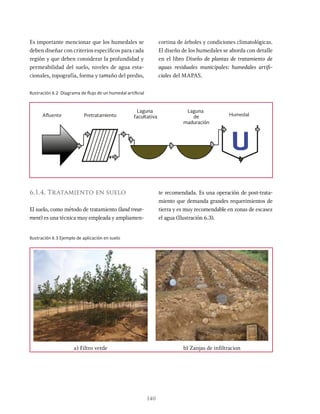 140
Es importante mencionar que los humedales se
deben diseñar con criterios específicos para cada
región y que deben considerar la profundidad y
permeabilidad del suelo, niveles de agua esta-
cionales, topografía, forma y tamaño del predio,
cortina de árboles y condiciones climatológicas.
El diseño de los humedales se aborda con detalle
en el libro Diseño de plantas de tratamiento de
aguas residuales municipales: humedales artifi-
ciales del MAPAS.
Afluente Pretratamiento Humedal
Laguna
facultativa
Laguna
de
maduración
Ilustración 6.2 Diagrama de flujo de un humedal artificial
6.1.4. Tratamiento en suelo
El suelo, como método de tratamiento (land treat-
ment) es una técnica muy empleada y ampliamen-
Ilustración 6.3 Ejemplo de aplicación en suelo
te recomendada. Es una operación de post-trata-
miento que demanda grandes requerimientos de
tierra y es muy recomendable en zonas de escasez
el agua (Ilustración 6.3).
a) Filtro verde b) Zanjas de infiltracion
 