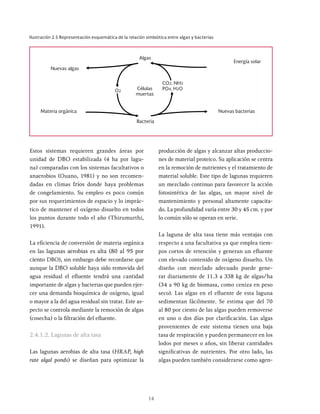 14
Estos sistemas requieren grandes áreas por
unidad de DBO estabilizada (4 ha por lagu-
na) comparadas con los sistemas facultativos o
anaerobios (Ouano, 1981) y no son recomen-
dadas en climas fríos donde haya problemas
de congelamiento. Su empleo es poco común
por sus requerimientos de espacio y lo imprác-
tico de mantener el oxígeno disuelto en todos
los puntos durante todo el año (Thirumurthi,
1991).
La eficiencia de conversión de materia orgánica
en las lagunas aerobias es alta (80 al 95 por
ciento DBO), sin embargo debe recordarse que
aunque la DBO soluble haya sido removida del
agua residual el efluente tendrá una cantidad
importante de algas y bacterias que pueden ejer-
cer una demanda bioquímica de oxígeno, igual
o mayor a la del agua residual sin tratar. Este as-
pecto se controla mediante la remoción de algas
(cosecha) o la filtración del efluente.
2.4.1.2. Lagunas de alta tasa
Las lagunas aerobias de alta tasa (HRAP, high
rate algal ponds) se diseñan para optimizar la
producción de algas y alcanzar altas produccio-
nes de material proteico. Su aplicación se centra
en la remoción de nutrientes y el tratamiento de
material soluble. Este tipo de lagunas requieren
un mezclado continuo para favorecer la acción
fotosintética de las algas, un mayor nivel de
mantenimiento y personal altamente capacita-
do. La profundidad varía entre 30 y 45 cm. y por
lo común sólo se operan en serie.
La laguna de alta tasa tiene más ventajas con
respecto a una facultativa ya que emplea tiem-
pos cortos de retención y generan un efluente
con elevado contenido de oxígeno disuelto. Un
diseño con mezclado adecuado puede gene-
rar diariamente de 11.3 a 338 kg de algas/ha
(34 a 90 kg de biomasa, como ceniza en peso
seco). Las algas en el efluente de esta laguna
sedimentan fácilmente. Se estima que del 70
al 80 por ciento de las algas pueden removerse
en uno o dos días por clarificación. Las algas
provenientes de este sistema tienen una baja
tasa de respiración y pueden permanecer en los
lodos por meses o años, sin liberar cantidades
significativas de nutrientes. Por otro lado, las
algas pueden también considerarse como agen-
Ilustración 2.5 Representación esquemática de la relación simbiótica entre algas y bacterias
CO2, NH3
Algas
Bacteria
Materia orgánica
Nuevas algas
Energía solar
Nuevas bacterias
Células
muertas
O2
PO4, H2O
 