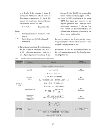 47
Tabla 3.4 Métodos cinéticos de diseño para lagunas de pulimento
Método de
diseño
Variables Ecuación
Valores
recomendados
Métodos empíricos y semiempíricos
Quin et al.,
1991
kobs
, kl, D k k k
CF obs ,
= + No
Disponible
Ambiental : T,
pH, Si
k k
d T pH DBO
= + +
No
Disponible
. .
0 0279 0 00898
T = +
. . .
k p H
0 02207 3 5797 14 4
pH
2
= - +
. . log
0 46 0 184
DB = -
Iluminación: I, kl
k k h k C k Turb
h CA A turb
, = + +
No
Disponible
I I B k h
e
1
1 k h
0
,
= -
- ,
-
^
^
h
h
Dimensiones
físicas y
configuración
hidráulica
D
L h
E D v W h W
2
q
t t
q q
1
2
=
+
+
-
^
^
^
h
h
h
No
Disponible
Thirumur-
thi, 1969
d, a, X
CF
CF
a
a e
1
4
i
e d
a
2
2
1
=
+
-
^
b
h
l
. .
k 0 84 1 07
CF
T 2
= -
. . .
d
X
0 26118 0 25392 1 01360 2
=
- + +
d
1 4 CF x
= +
y al desafío de las mismas, el factor de
corrección hidráulica (FCH) tiene en
la práctica un valor entre 0.3 y 0.8. To-
mando en cuenta este factor, el tiempo
de retención modificado será:
FCH
c = Ecuación 3.36
donde:
τ = Tiempo de retención hidráulica corre-
gido, d
FCH = Factor de corrección hidráulica, adi-
mensional
b) Factor de características de sedimentación
(FCS). El valor de este factor varía de 0.5
a 0.8 en lagunas primarias; y está cerca
de 1.0 para lagunas secundarias y de pu-
limento. El valor del FCS por lo general es
menor para las bacterias que para la DBO
c) Factor de DBO intrínseca de las algas
(FIA). Las algas que mueren en las
lagunas producen una DBO que debe
ser tomada en cuenta. El valor de FIA
varía entre 0 y 1.2 correspondiendo los
valores bajos a lagunas primarias y los
altos a las de maduración
Lo anterior muestra que la información reque-
rida para emplear este modelo es excesiva y ello
refleja la complejidad de su uso.
Finalmente, la Tabla 3.4 muestra el resumen de
los modelos cinéticos para el diseño de las lagu-
nas de pulimento.
 