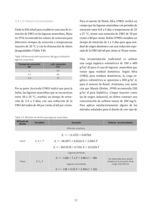 52
Tabla 3.8 Remoción del tratamiento del agua residual en
lagunas anaerobias
Tiempo de retención
(d)
η de remoción
(%)
1 50
2.5 60
5.0 70
3.3.1.3.Valores recomendados
Dada la dificultad para establecer una tasa de re-
moción de DBO en las lagunas anaerobias, Mara
en 1976 recomendó los valores de remoción para
diferentes tiempos de retención a temperaturas
mayores de 20 °C y con la eliminación de olores
desagradables (Tabla 3.8).
Para el noreste de Brasil, Silva (1982) verificó en
campo que las lagunas anaerobias con periodos de
retención entre 0.8 a 5 días a temperaturas de 25
a 27 °C, tienen una remoción de DBO de 70 por
ciento a 80 por ciento. Rolim (1990) considera un
tiempo de retención de 1 a 2 días para agua resi-
dual de origen doméstico con una reducción espe-
rada de la DBO del 60 por ciento al 70 por ciento.
Una recomendación tradicional es utilizar
una carga orgánica volumétrica de 100 a 400
g/(m3
d) para el caso de lagunas anaerobias que
tratan agua residual doméstica. Según Silva
(1982), para residuos domésticos, la carga or-
gánica volumétrica se aproxima a 300 g/m3
d,
para el noreste de Brasil. Asimismo, este autor
cita que Marais (Rolim, 1990) recomienda 250
g/m3
d para Sudáfrica. Cargas mayores como
las de origen industrial, no deben contener una
concentración de sulfatos mayor de 100 mg/L.
Para aplicar satisfactoriamente alguno de los
métodos señalados para el diseño de este tipo de
Método de
diseño
Variables Ecuación Valores recomendados
Métodos empíricos
Kawai Se
, Si
, t , T
Se S
14 4555 0 6876 i
=- +
. . . T
86 0971 0 6543 3 3985
=- + +
. . . T
265 0576 0 7491 23 5258
=- + +
Yánez T, Cv
, T
Lagunas primarias
.
S T C
1326 7 4 3 961 98x
=- + + -
Lagunas secundarias
.
S T C
138 0 35 3 494 32x
=- + + +
No disponible pero puede
emplearse la ecuación de la
carga volumétrica.
Tabla 3.9 Métodos de diseño para lagunas anaerobias
Por su parte Arceivala (1981) indicó que para la
India, las lagunas anaerobias que se encuentran
entre 20 a 25 °C, tendrán un tiempo de reten-
ción de 2.5 a 3 días; con una reducción de la
DBO del orden de 40 por ciento al 60 por ciento.
 
