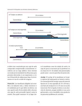 86
Ilustración 4.4 Empalmes con distintos sistemas adhesivos
10 cm mínimo
15 cm mínimo
15 cm mínimo
5 cm
Geomembrana
Geomembrana
Geomembrana
Cinta engomada
Cinta engomada
Cinta engomada
Adhesivo
A) Traslape con adhesivo
B) Traslape con cinta engomada
C) Unión macho-hembra
Geomembrana
Geomembrana
Geomembrana
te debe estar constituida por una capa de suelo
compactado semipermeable eventualmente re-
cubierta con un riego asfáltico. Estos sistemas
no recolectan la totalidad de las filtraciones pero
permiten detectarlas si son importantes y evi-
tan el desarrollo de subpresiones bajo el revesti-
miento en caso de vaciado de la laguna.
Protección. Las membranas delgadas son sensi-
bles a la radiación solar, a daños mecánicos o
al vandalismo por lo que deben recubrirse con
una capa de suelo. En los taludes debe colocarse
una capa de suelo permeable (grava) contra la
erosión. Para poder mantener en su lugar tan-
to la membrana como los taludes de suelo y la
capa de grava es necesario que la pendiente no
sea mayor de 3:1. En taludes más pronunciados
puede usarse concreto para fines de protección.
Anclaje. EI anclaje de la membrana en la par-
te superior del talud puede ser formal o rústico.
Un sistema formal de anclaje consta de remos de
fijación de 12 mm separados de 15 a 30 mm y
una barra de anclaje de 6.3 x 51 mm en sección
transversal. Por lo regular, la barra es una alea-
ción de aluminio, aunque también se usa acero
galvanizado y acero inoxidable; estos productos
no presentan problemas de corrosión.
 