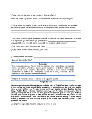 ¿Fue lo mismo o diferente lo que comieron Ricardo y Pedro?_____________________ 
Ahora lee lo que sigue hasta el final. ¿Qué alimentos solicitaron los cinco amigos? 
___________________________________________________________________________ 
¿Qué se refiere de lo dicho anteriormente acerca de los tipos de alimentos consumidos? 
Recuerda las pistas de la última oración del escrito y del primer esquema que llenaste. 
____________________________________________________________________________ 
____________________________________________________________________________ 
___________________________________________________________________________ 
Como Pedro no comió tacos, entonces sabemos que Fabián no comió enchiladas, A partir de 
lo que pidieron, ¿Puedes decir que pidió Fabián?_______________________________ 
Lo que pidió Pedro coincidió con lo que pidió otra persona. ¿Cuál persona?_______ 
¿Qué personas comieron lo mismo que Pedro ?_________________________________ 
¿Pudo haber pedido Pedro burritos? ¿Por qué? 
___________________________________________________________________________ 
¿Quiénes pidieron enchiladas ?__________________________________________________ 
¿Quiénes pidieron burritos?_____________________________________________________ 
Reflexión 
Con estas dos practicas hemos visto que las inferencias , además de completar la 
visión del escrito , también sirven para ayudarnos a deducir información 
adicional al a que presenta de manera explícita el texto. Hemos resultado 
“problemas “a partir de las relaciones dadas en el texto, y del uso de las 
inferencias para obtener información faltante. 
Práctica 3: Interpreta lo que se plantea en el siguiente escrito. 
Parejas de baile 
La maestra Alejandra está organizando un baile para el festival de preprimaria, que esta 
próximo. Para participar en este baile, seleccionó a ocho alumnos de su grupo, cuatro 
niños y cuatro niñas, con los que piensa a integrar cuatro parejas. Cuatros de ellos 
(Eloy , Rubén, Tania e Ismael ) saben bailar muy bien, los otros cuatro (Juan , Miguel, 
Laura, y Georgina) no lo hacen tan bien, por lo que decidió que en cada par hubiera 
un niño que bailara muy bien y otro que no. La tarea de formación de parejas no fue 
muy difícil , lo único que tuvo que tomar en cuenta fue que Eloy y L aura pelean 
mucho y que Tania es más alta que Miguel y no se ven bien bailando juntos. ¿Cómo 
quedaron las parejas? 
Lee en primer lugar todo el escrito y apunta el tema de este. 
____________________________________________________________________________ 
104 
 